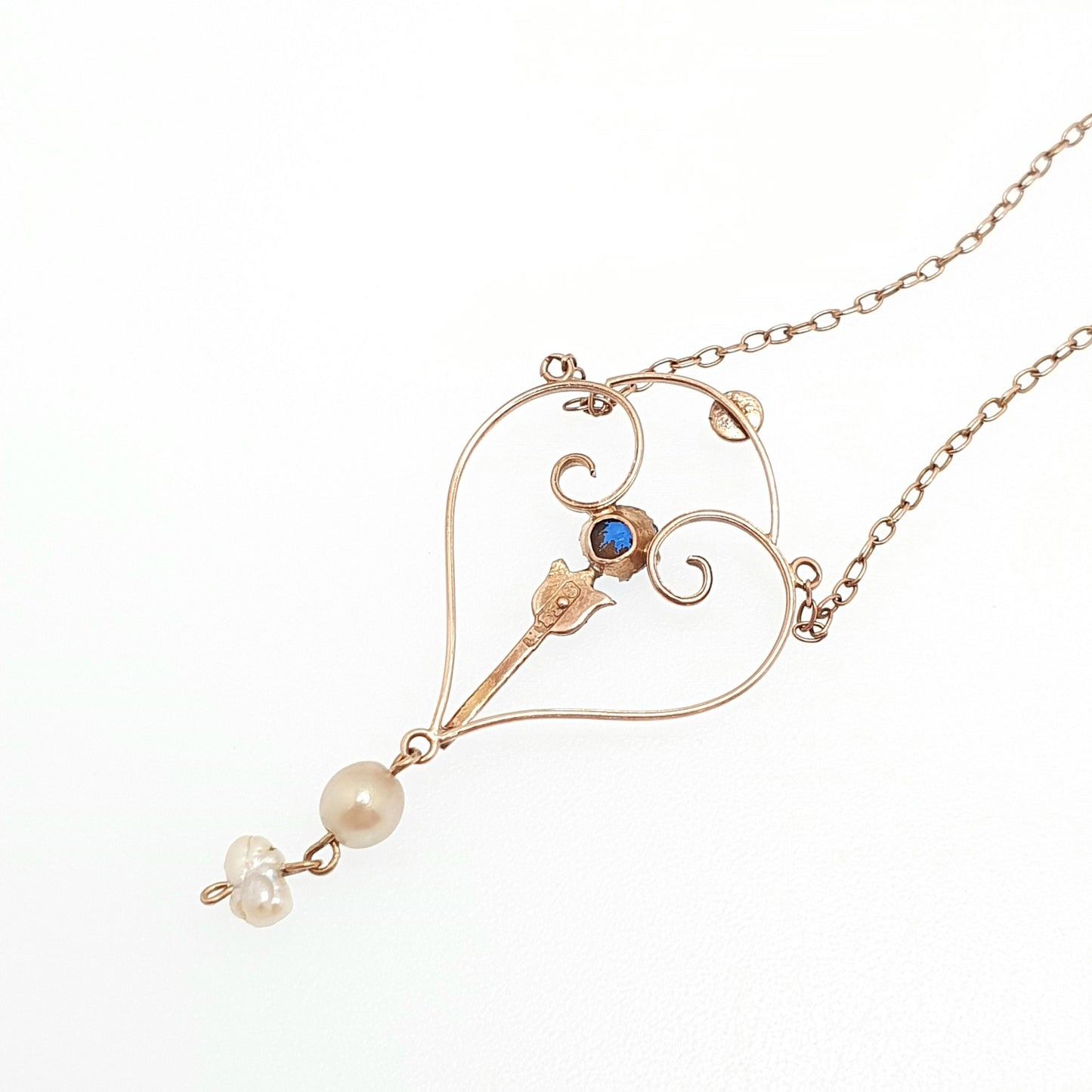 Antique 9ct Rose Gold Sapphire Paste Necklace Lavaliere Pendant Cultured Pearl Edwardian Solid 375 9k Openwork on Chain Jewellery Jewelry
