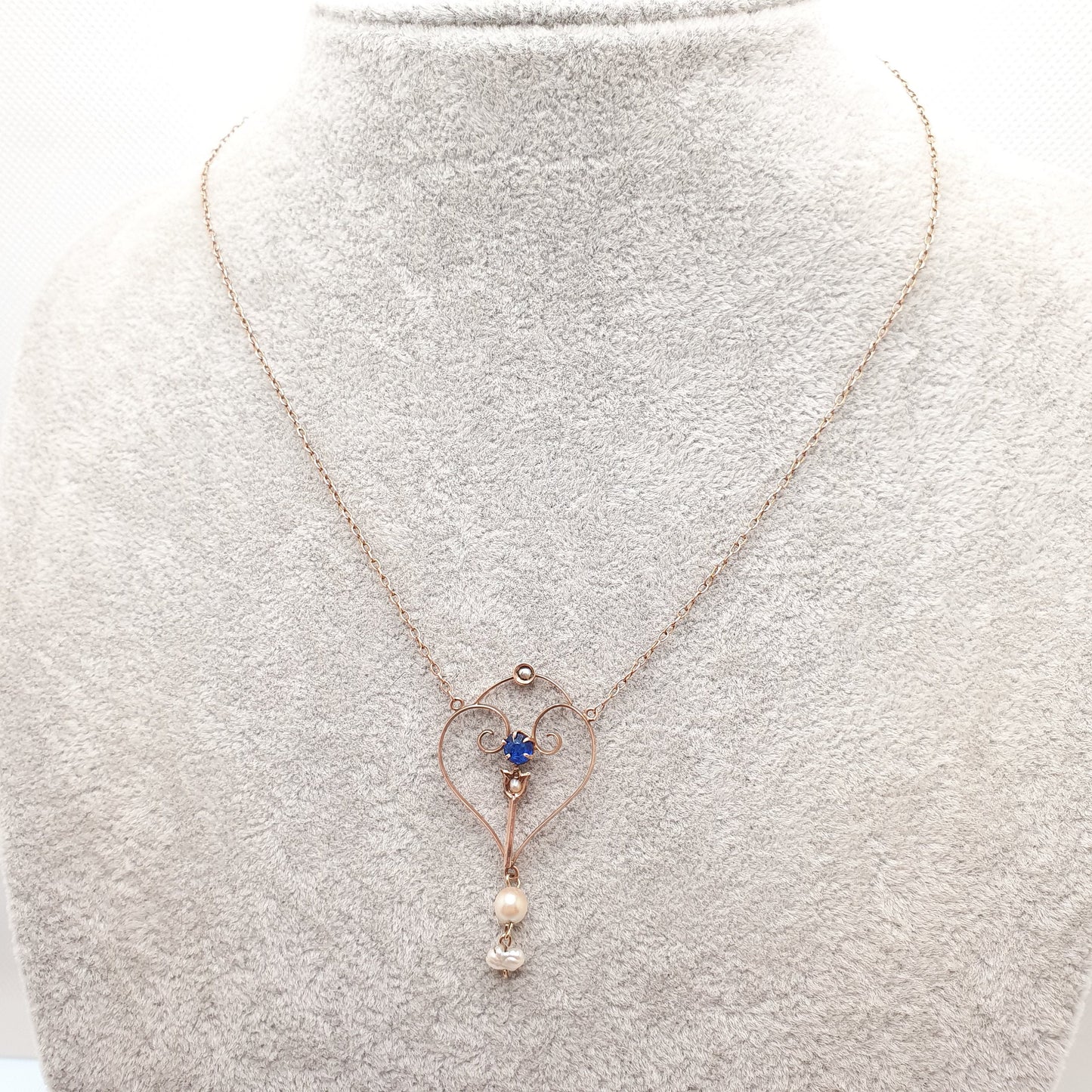 Antique 9ct Rose Gold Sapphire Paste Necklace Lavaliere Pendant Cultured Pearl Edwardian Solid 375 9k Openwork on Chain Jewellery Jewelry