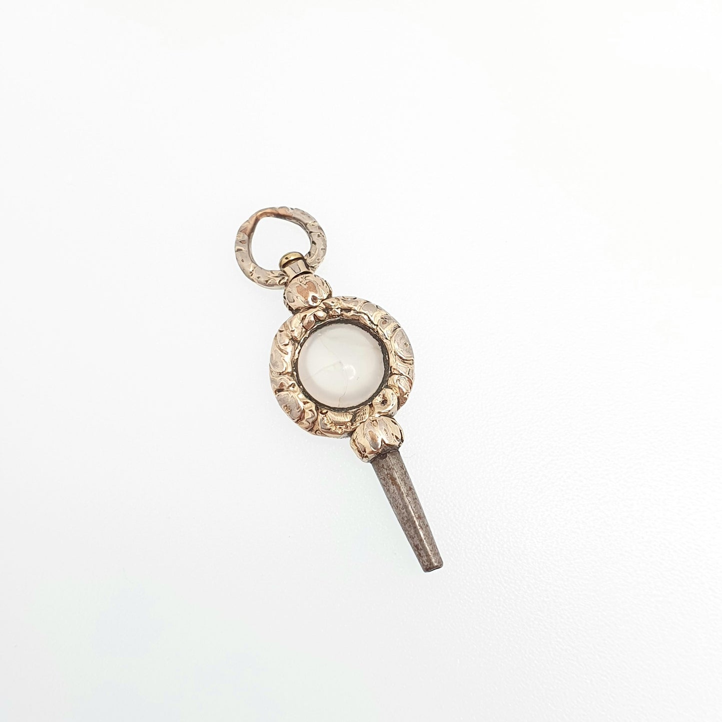 Antique Georgian Rolled Gold Pocket Watch Key Fob White Chalcedony Quartz Pendant Necklace Gold Filled Vintage Jewellery Jewelry