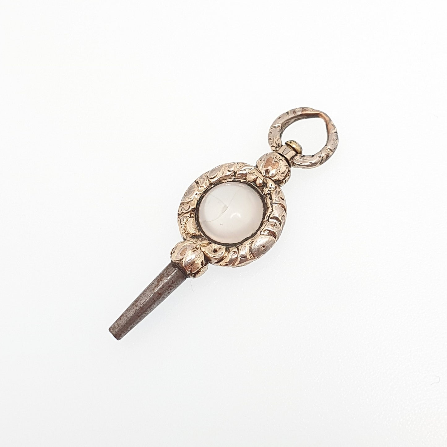 Antique Georgian Rolled Gold Pocket Watch Key Fob White Chalcedony Quartz Pendant Necklace Gold Filled Vintage Jewellery Jewelry