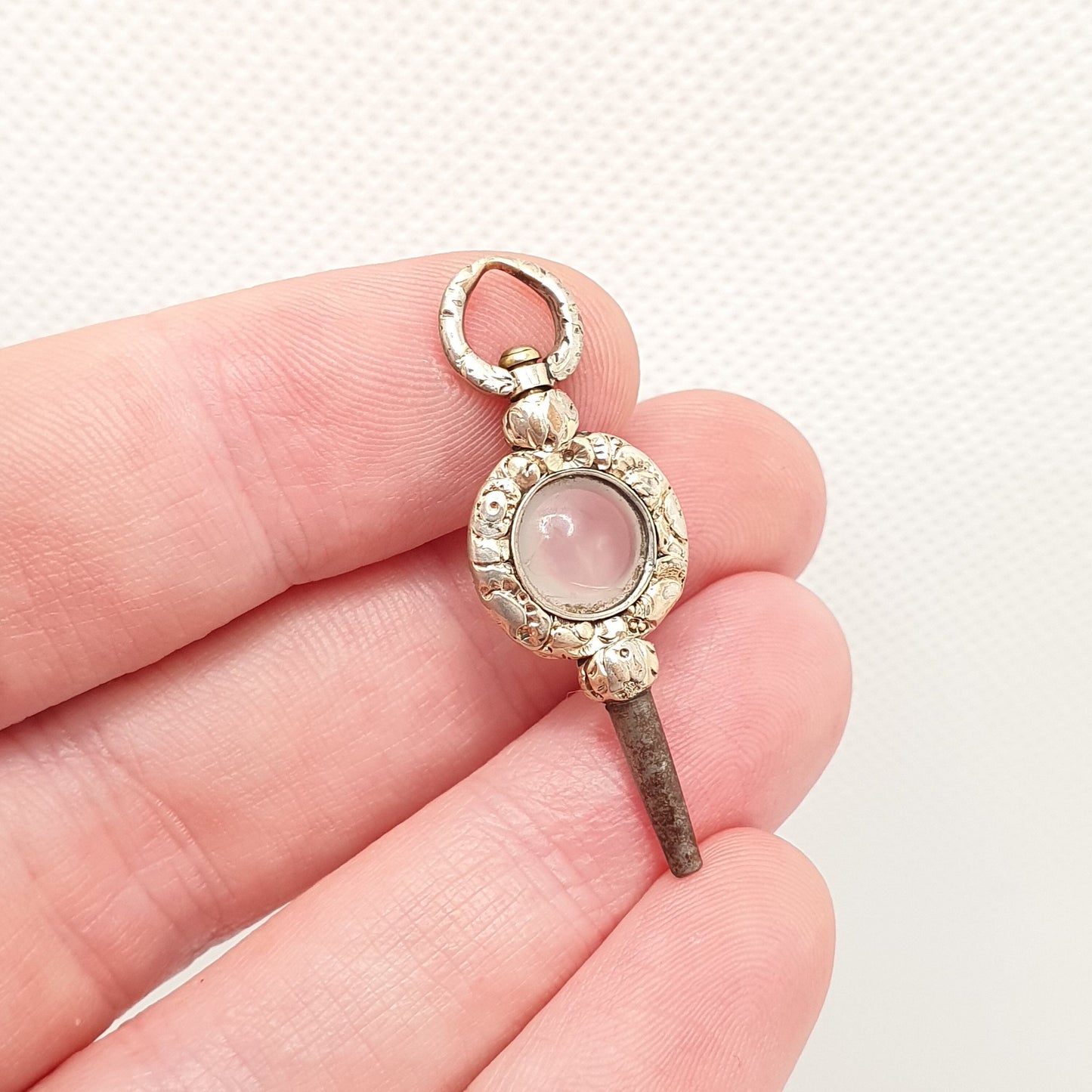 Antique Georgian Rolled Gold Pocket Watch Key Fob White Chalcedony Quartz Pendant Necklace Gold Filled Vintage Jewellery Jewelry