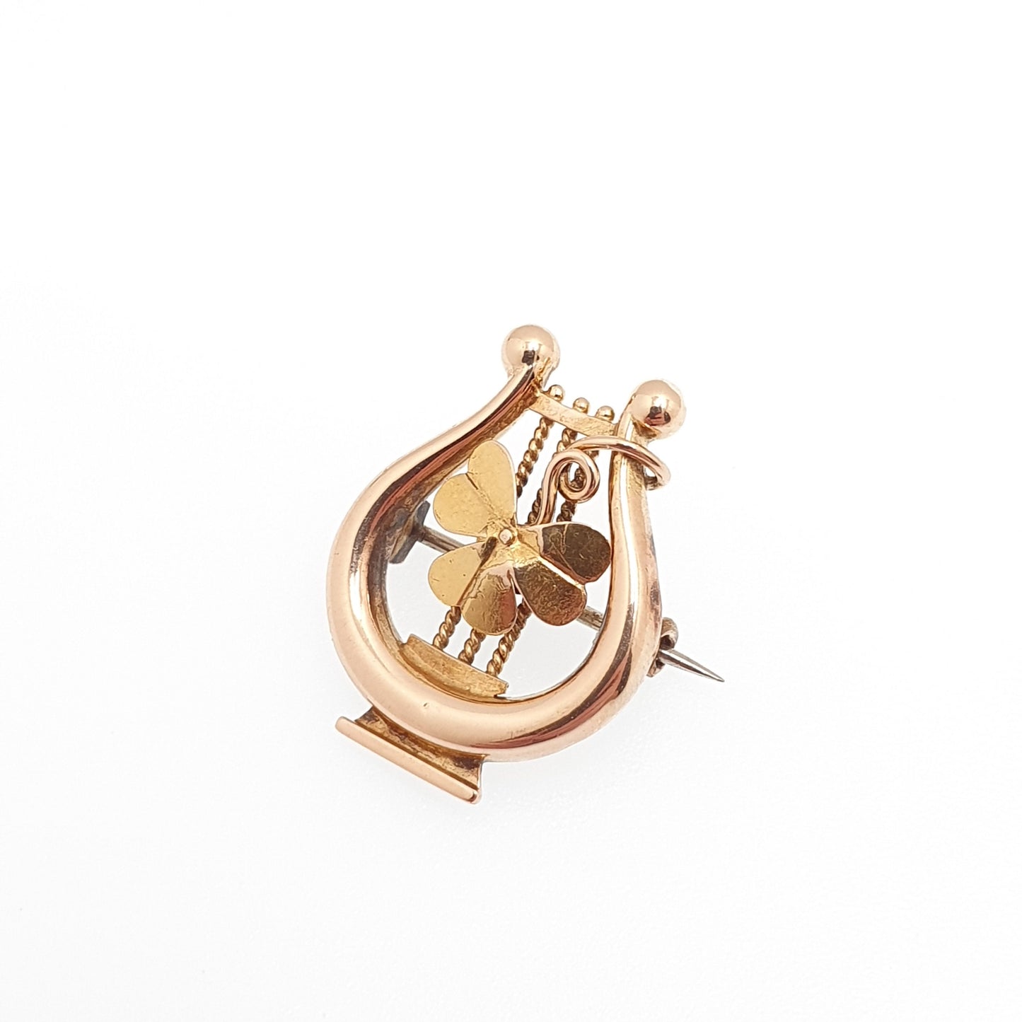 Antique 15ct Gold Cover Brooch Victorian Irish Lyre Harp Three Leaf Solid 625 15 Carat Lucky Good Luck Celtic Jewelry Womens Jewellery