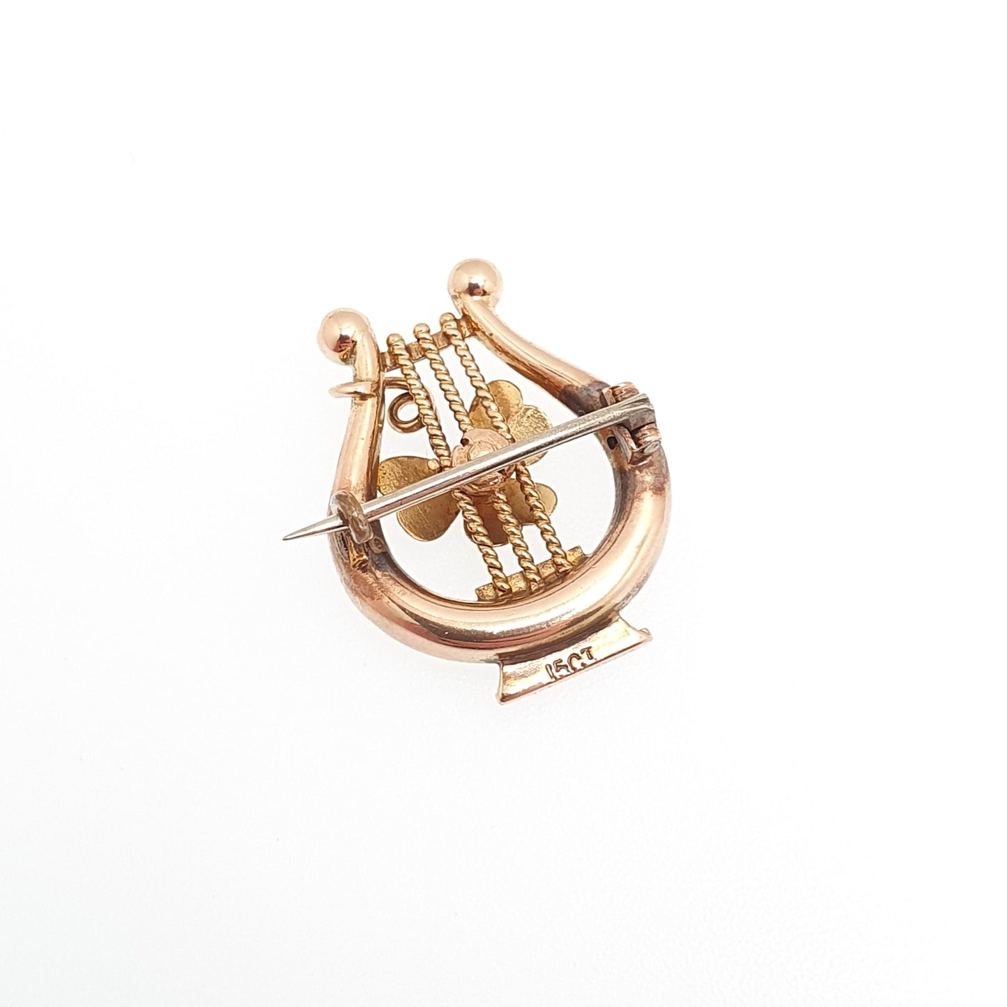 Antique 15ct Gold Cover Brooch Victorian Irish Lyre Harp Three Leaf Solid 625 15 Carat Lucky Good Luck Celtic Jewelry Womens Jewellery