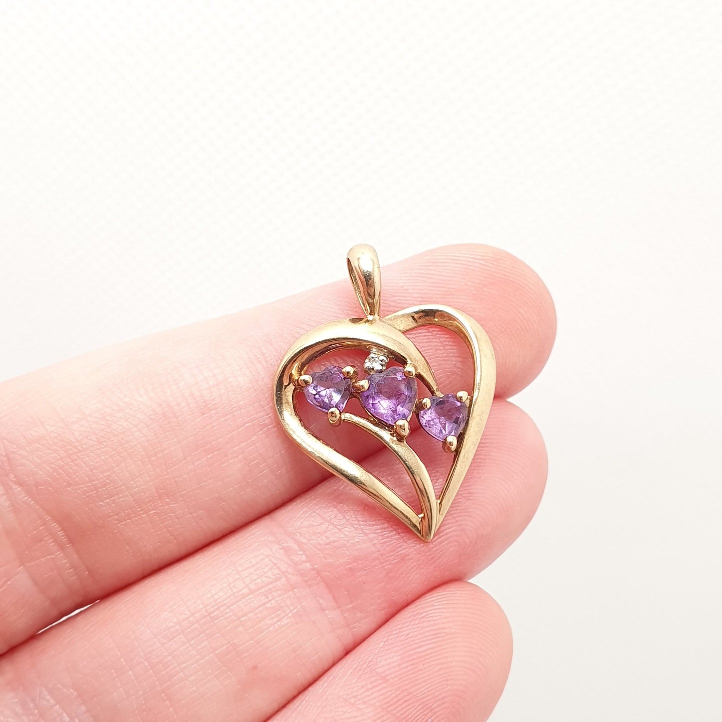 Vintage 9ct 9k Gold Amethyst Heart Necklace Diamond Pendant Heart Cut Solid 375 Retro Gemstone Carat Womens Ladies Jewellery Jewelry