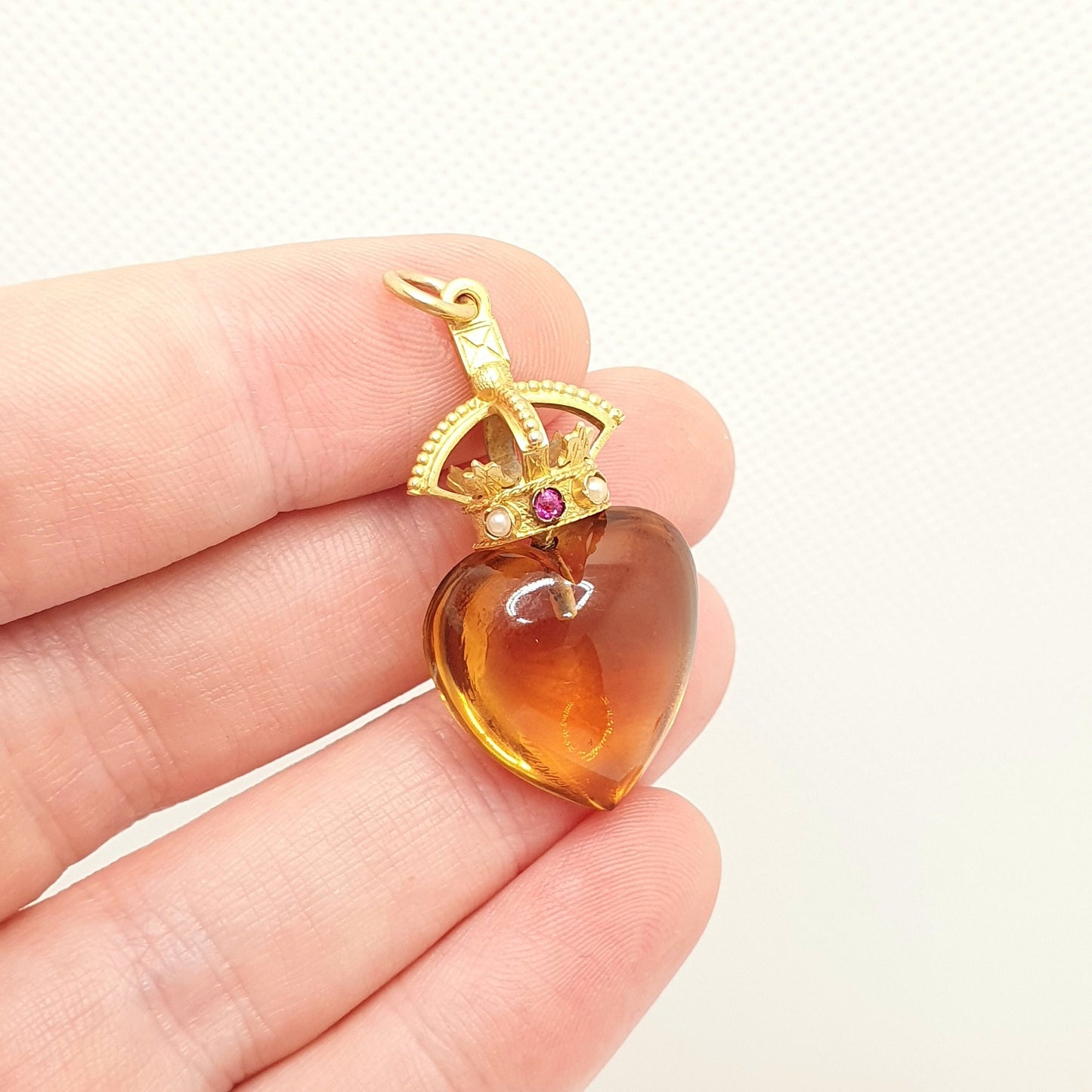 Antique Victorian 9ct Gold Citrine Crown Heart Pendant Necklace Scottish Style Rare Gemstone Solid 375 Vintage Womens Jewelry Jewellery