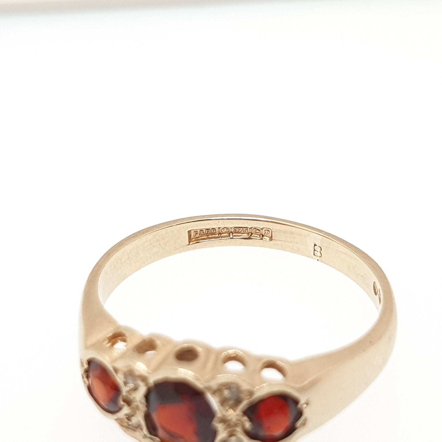 Vintage 9ct Gold Garnet Diamond Ring Solid 9k 375 Gypsy 1989 Hallmarked Crimson Red Pyrope Fine Gemstone Womens Retro Jewelry Jewellery