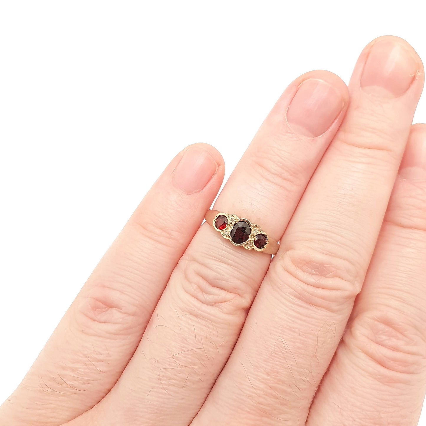 Vintage 9ct Gold Garnet Diamond Ring Solid 9k 375 Gypsy 1989 Hallmarked Crimson Red Pyrope Fine Gemstone Womens Retro Jewelry Jewellery