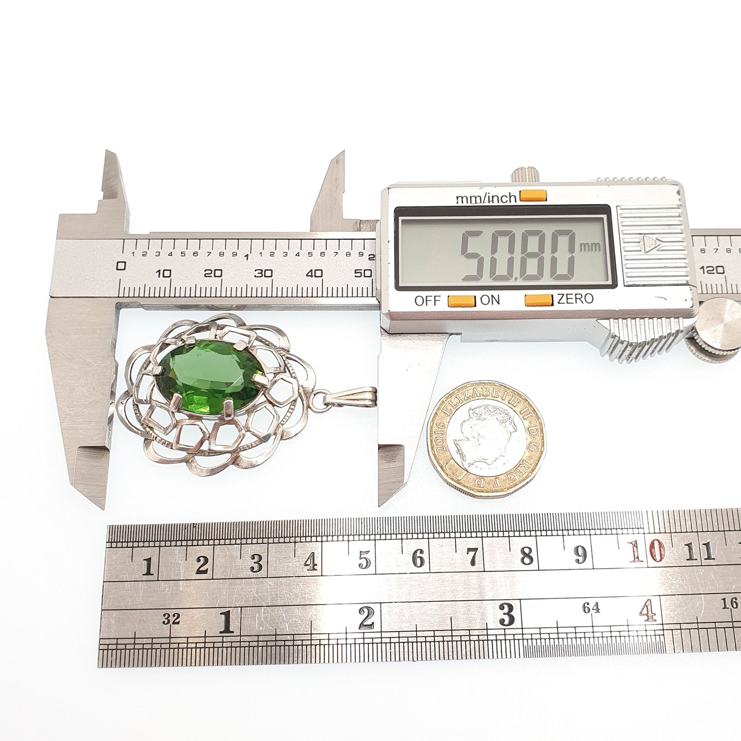 Old Vintage Sterling Silver Green Paste Necklace Pendant 1960s Large Brutalist Style 925 Emerald Tourmaline Tone Womens Jewelry Jewellery