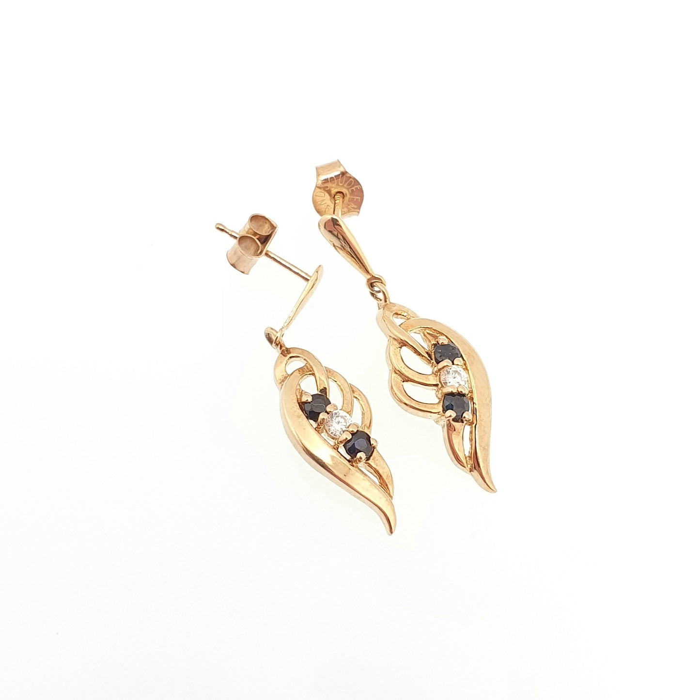 Vintage 9ct 9kt Gold Sapphire Earrings Teardrop Leaf Solid 375 Hallmarked CZ Stud Sparkly Fine Estate Retro 1980s Cute Ladies Womens
