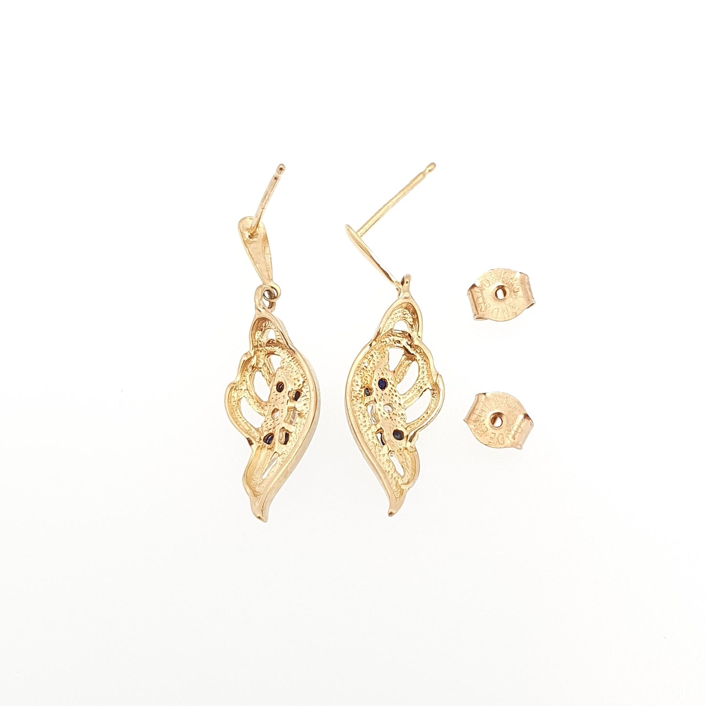 Vintage 9ct 9kt Gold Sapphire Earrings Teardrop Leaf Solid 375 Hallmarked CZ Stud Sparkly Fine Estate Retro 1980s Cute Ladies Womens