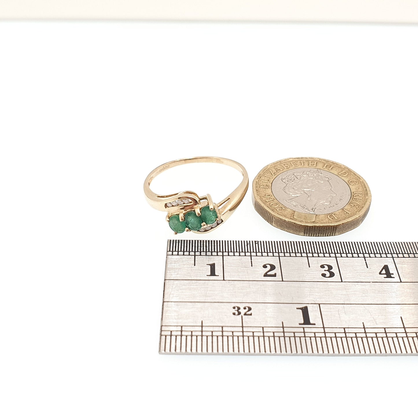 Vintage 9k Gold Emerald Diamond Ring Trilogy Oval Cut Solid 9ct 375 Estate Fine Retro Genuine Gemstone Real Jewelry Jewellery Womens