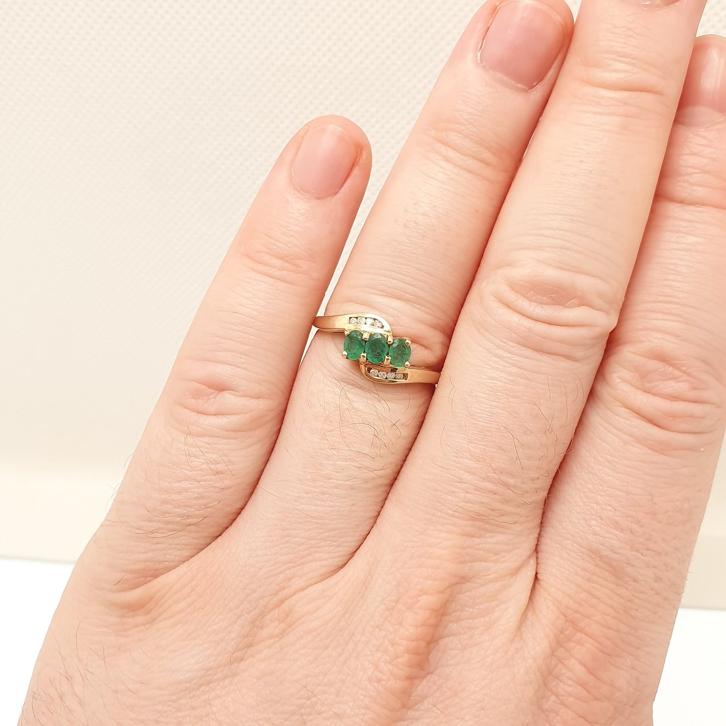 Vintage 9k Gold Emerald Diamond Ring Trilogy Oval Cut Solid 9ct 375 Estate Fine Retro Genuine Gemstone Real Jewelry Jewellery Womens