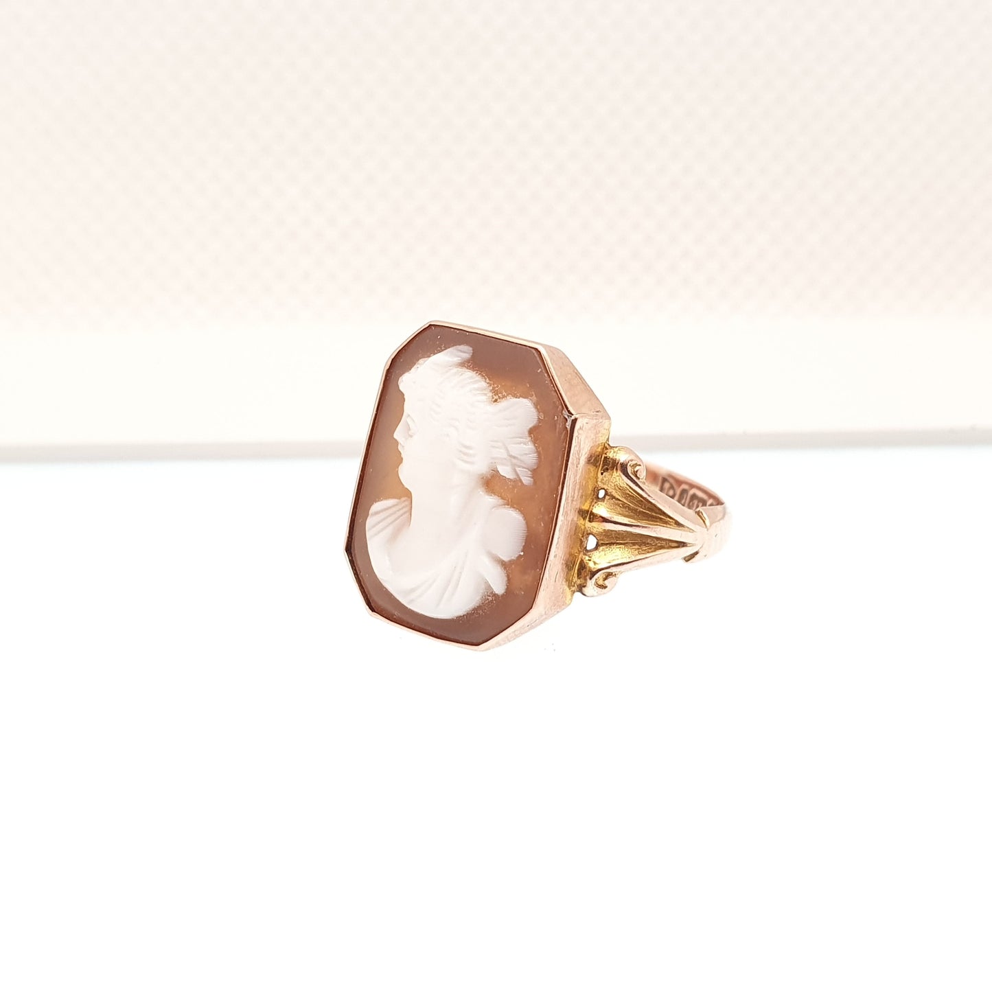 Antique 9ct Gold Cameo Ring 1917 Hallmark Solid 9k 375 Signet Rectangular Rose Gold Genuine Shell 1910s Vintage Women Jewelry Jewellery