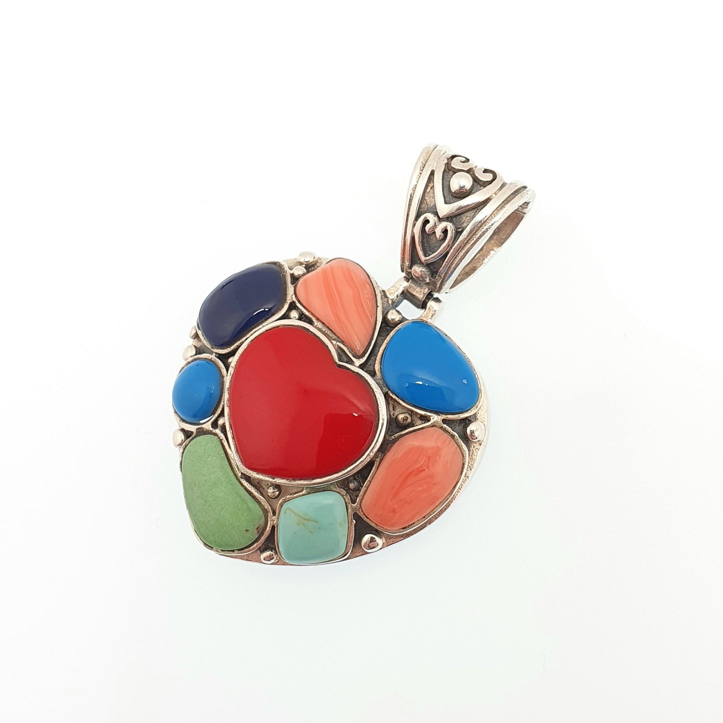 Vintage Sterling Silver Heart Necklace Pendant Multi Coloured Faux Gemstones Large Heavy Solid 925 Big Retro Womens Jewellery Jewelry