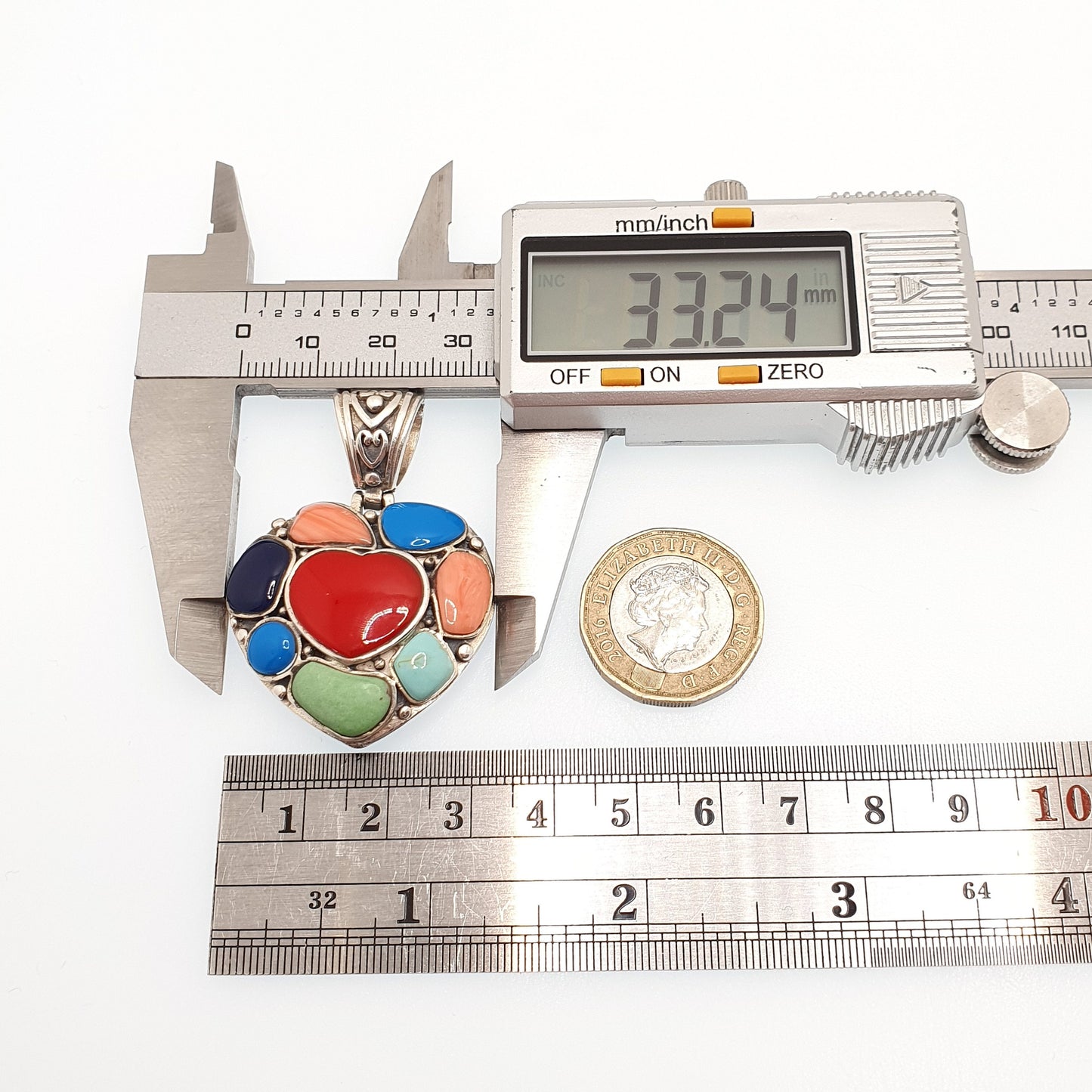 Vintage Sterling Silver Heart Necklace Pendant Multi Coloured Faux Gemstones Large Heavy Solid 925 Big Retro Womens Jewellery Jewelry