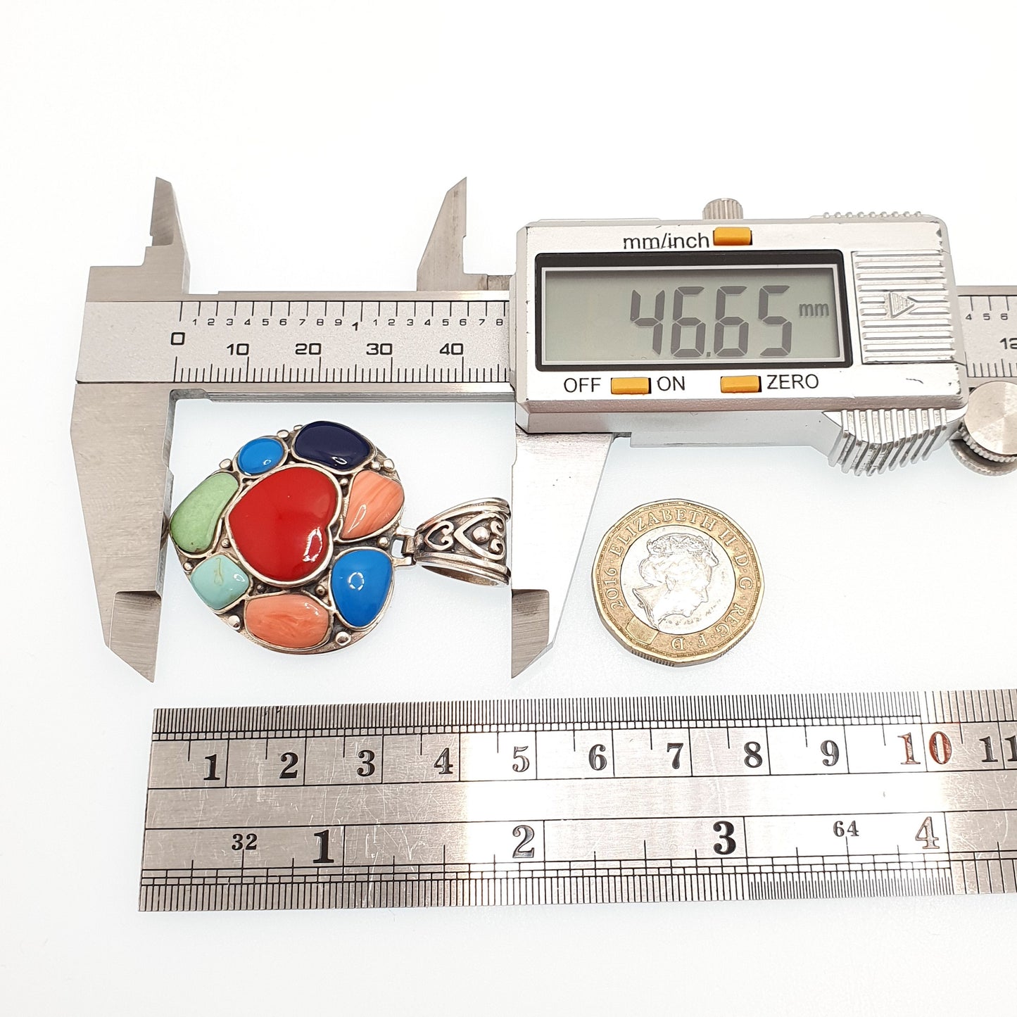 Vintage Sterling Silver Heart Necklace Pendant Multi Coloured Faux Gemstones Large Heavy Solid 925 Big Retro Womens Jewellery Jewelry