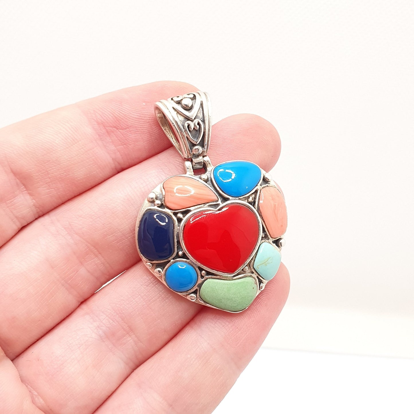 Vintage Sterling Silver Heart Necklace Pendant Multi Coloured Faux Gemstones Large Heavy Solid 925 Big Retro Womens Jewellery Jewelry