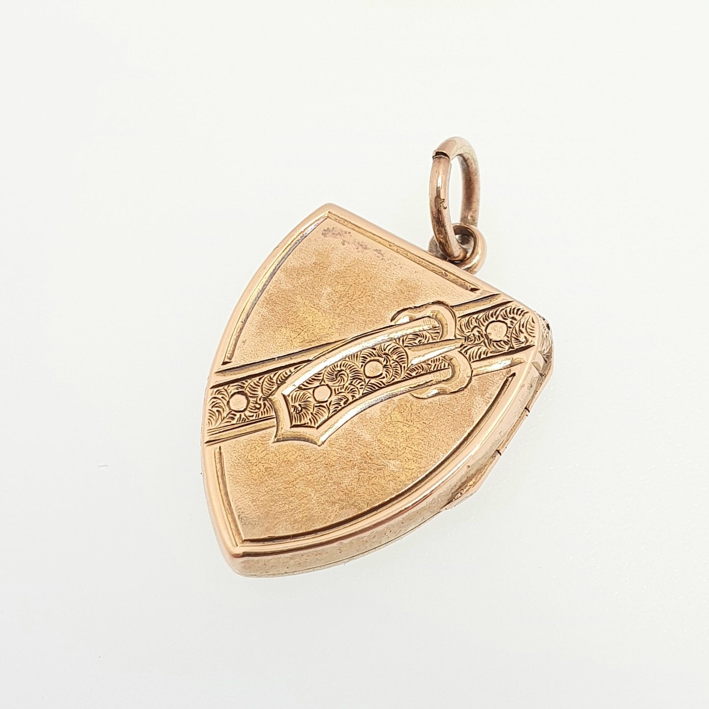 Antique Solid 9ct Rose Gold Shield Locket Pendant Victorian 1863 Hallmark Buckle Engraved Fine Estate 375 9k Vintage Jewelry Jewellery