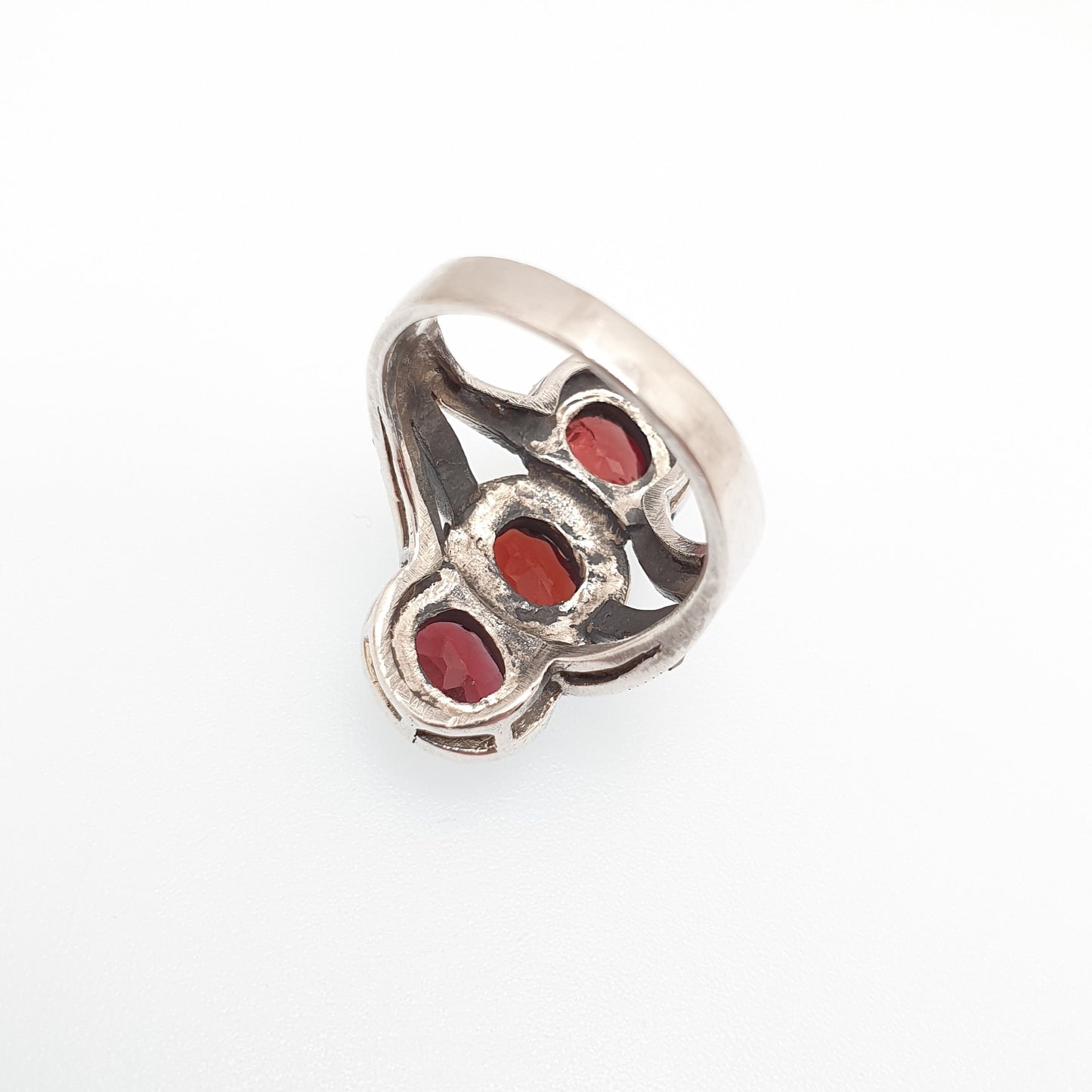 Vintage Sterling Silver Garnet Ring Marcasite Trilogy Twist Oval Cut Heavy Big Large Sparkly Solid 925 Red Womens Retro Jewelry Jewellery