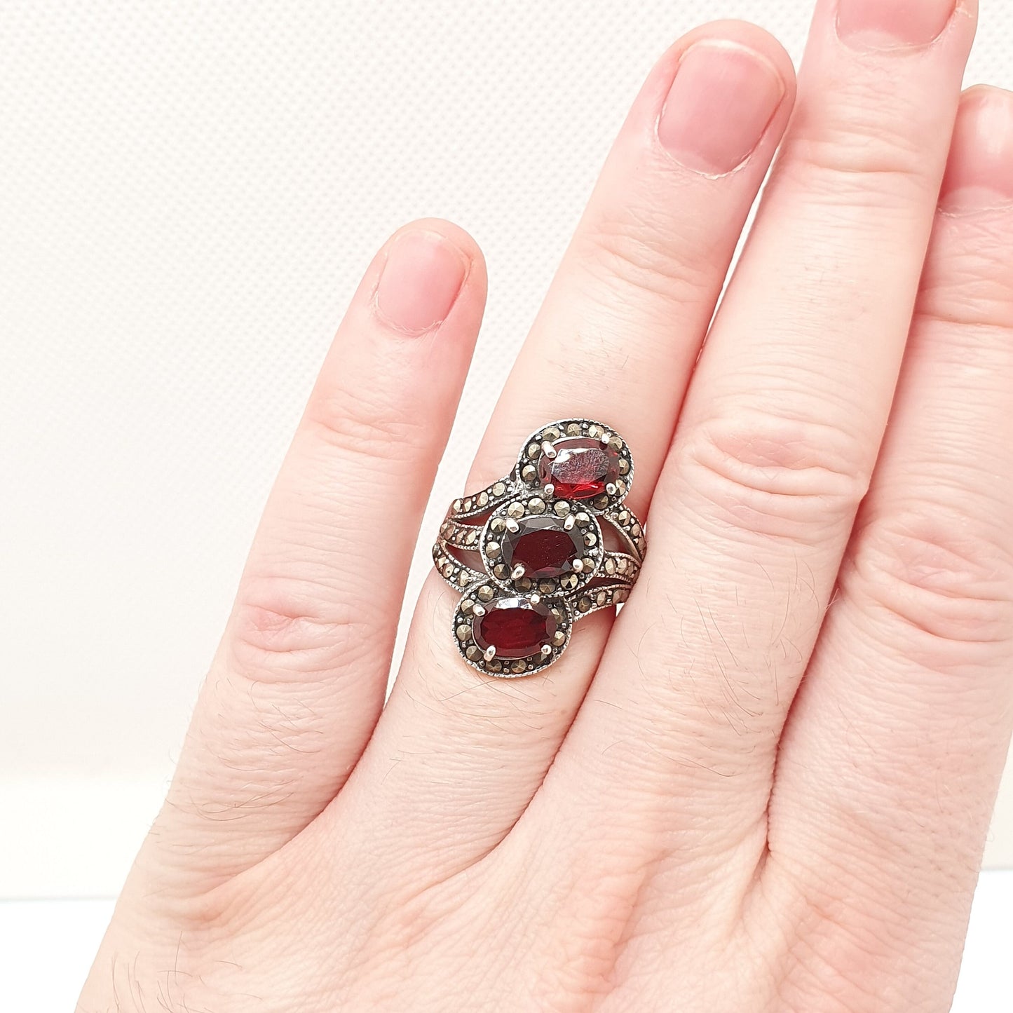 Vintage Sterling Silver Garnet Ring Marcasite Trilogy Twist Oval Cut Heavy Big Large Sparkly Solid 925 Red Womens Retro Jewelry Jewellery
