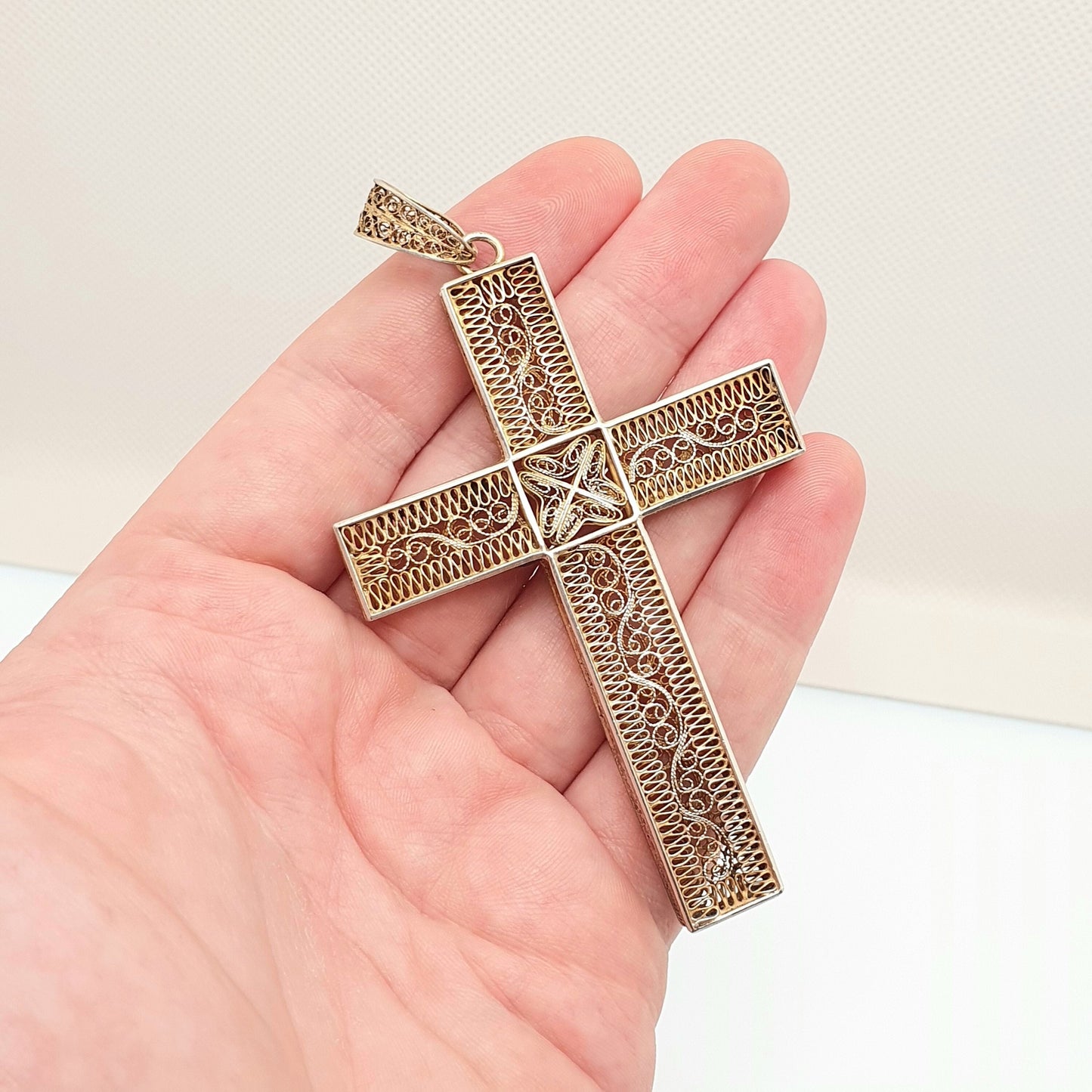 Antique Solid Silver Crucifix Necklace Cross Pendant Huge Large Big Filigree Gold Gilt Catholic Christian Jewelry Vintage Men Womens Jewelry
