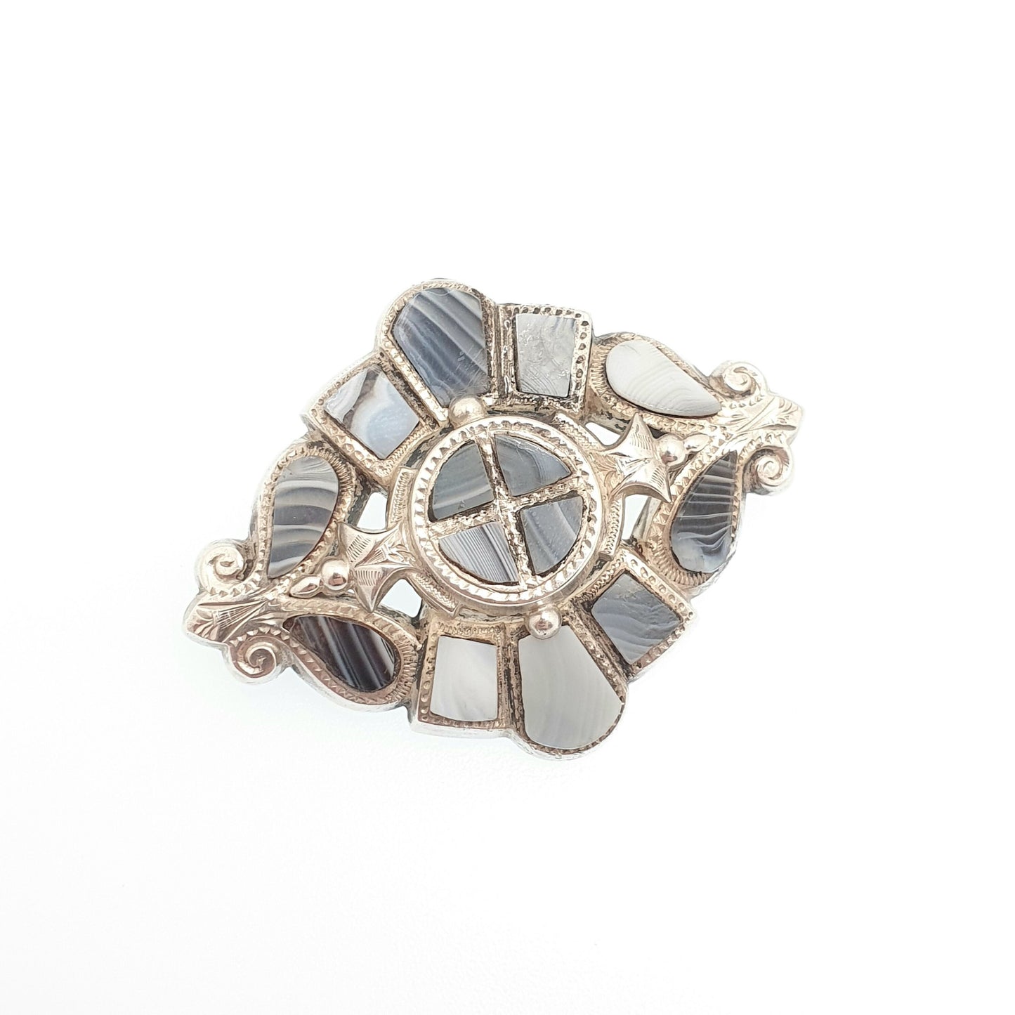 Antique Victorian Sterling Silver Blue Lace Agate Brooch Scottish Grey Banded Scotland Fine Estate 1800s Vintage Womens Jewelry Jewellery