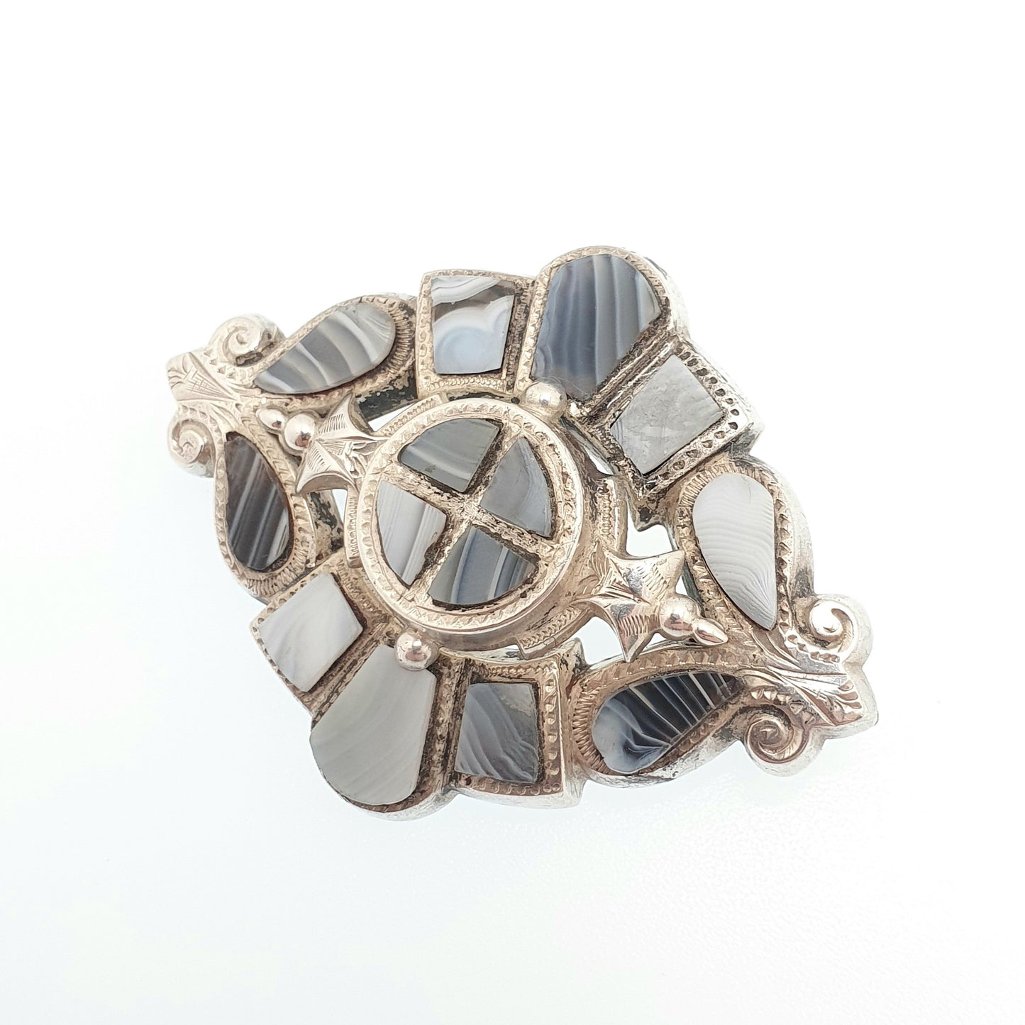Antique Victorian Sterling Silver Blue Lace Agate Brooch Scottish Grey Banded Scotland Fine Estate 1800s Vintage Womens Jewelry Jewellery