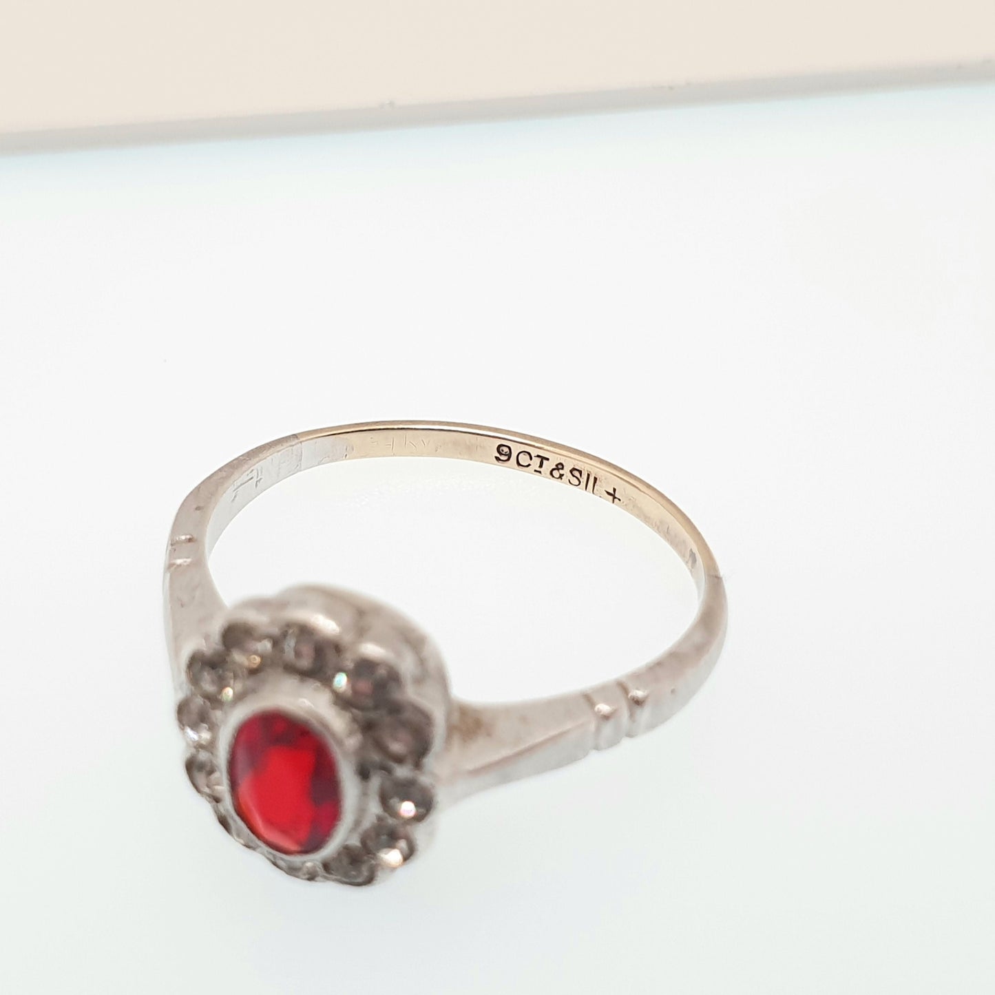 RESERVED/SOLD DON Antique 9ct Gold Ruby Paste Ring Art Deco Diamond Pastes Cluster Halo Sterling Silver & 9k 375 1920s Vintage Cocktail