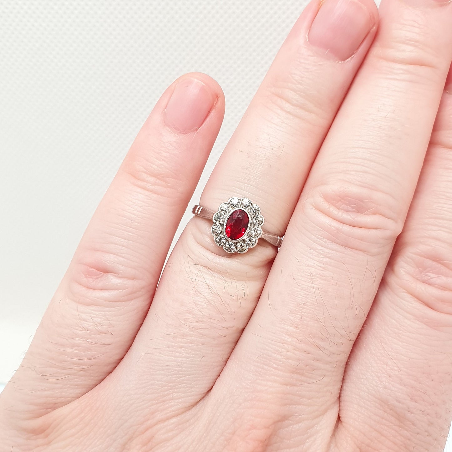 RESERVED/SOLD DON Antique 9ct Gold Ruby Paste Ring Art Deco Diamond Pastes Cluster Halo Sterling Silver & 9k 375 1920s Vintage Cocktail