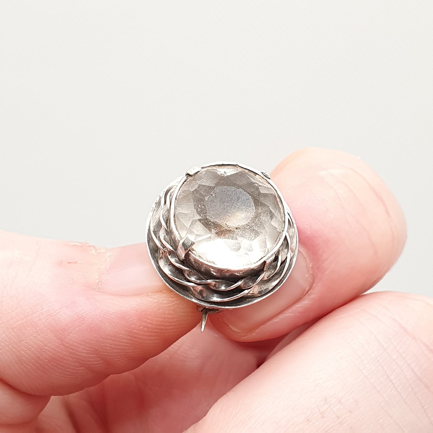 Antique Victorian Solid Silver Diamond Paste Brooch Solitaire Rope Border Large Old Cut Foiled Sparkly Vintage Womens Jewellery Jewelry