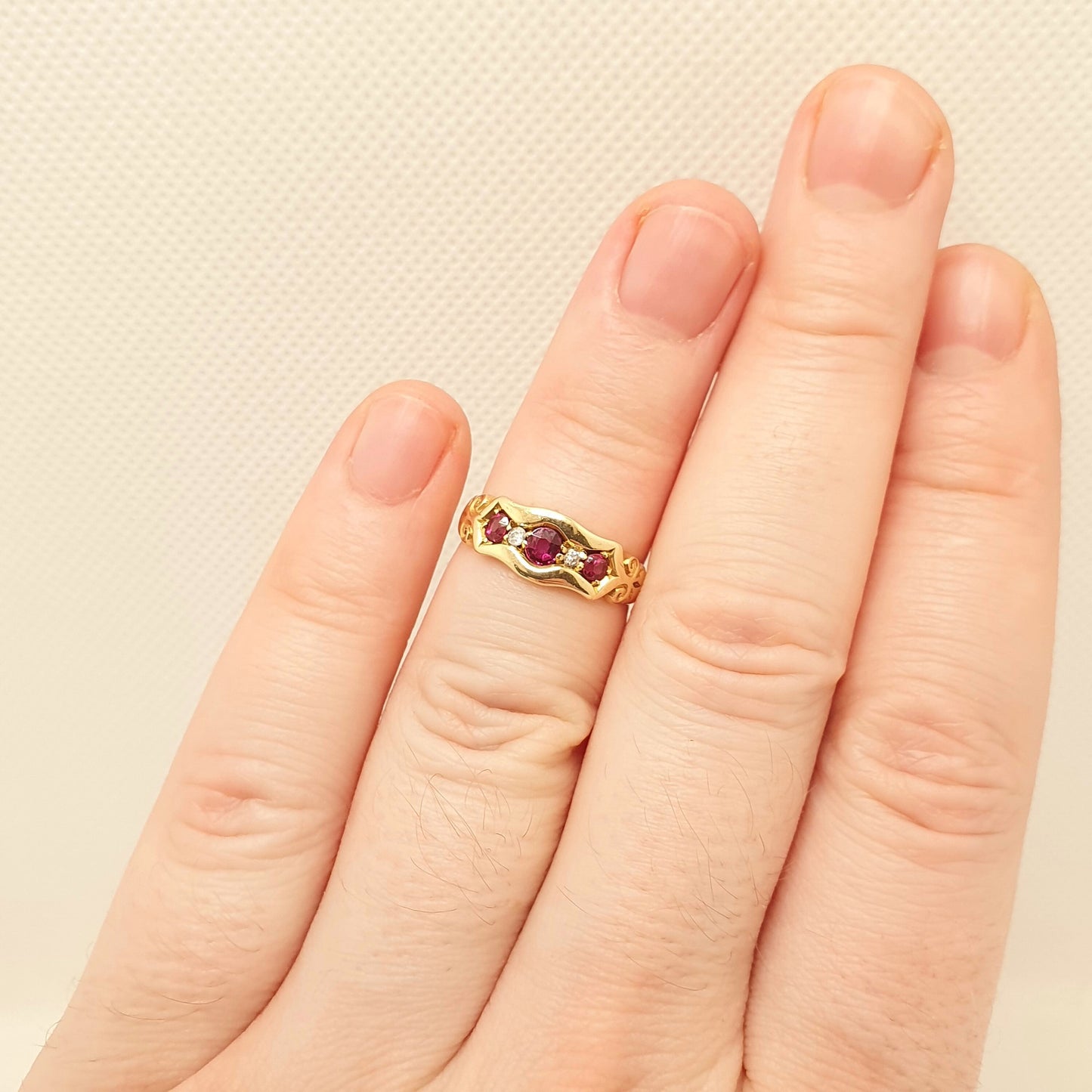 Antique 18ct Gold Ruby & Diamond Ring Edwardian 18k Solid 750 5 Stone 1901 Hallmarked Heavy Victorian Sparkly Old Cut Womens Vintage Jewelry