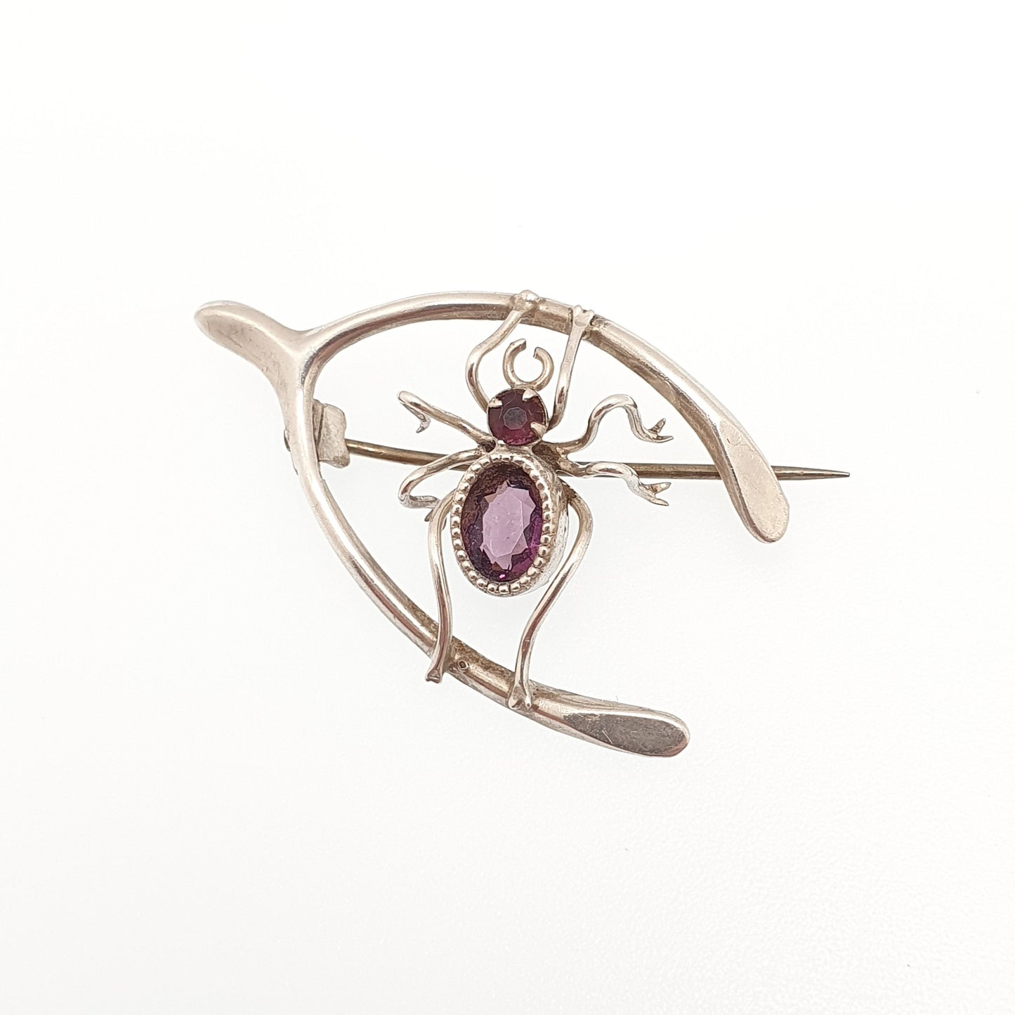 Antique Solid Silver Spider Brooch Wishbone Amethyst Paste Lucky Solid 925 Spiders Spiderweb Good Luck Womens Vintage Jewelry Jewellery