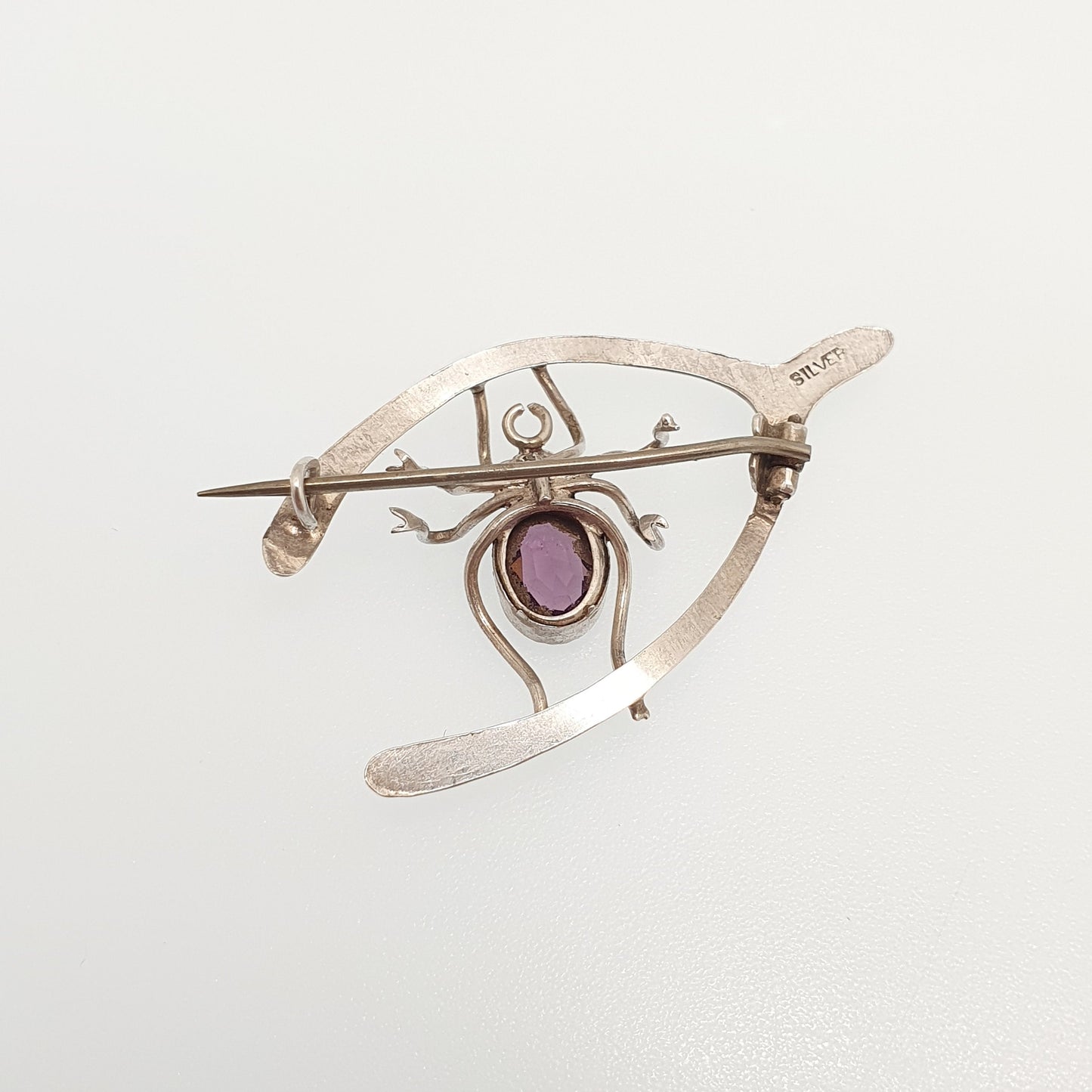 Antique Solid Silver Spider Brooch Wishbone Amethyst Paste Lucky Solid 925 Spiders Spiderweb Good Luck Womens Vintage Jewelry Jewellery