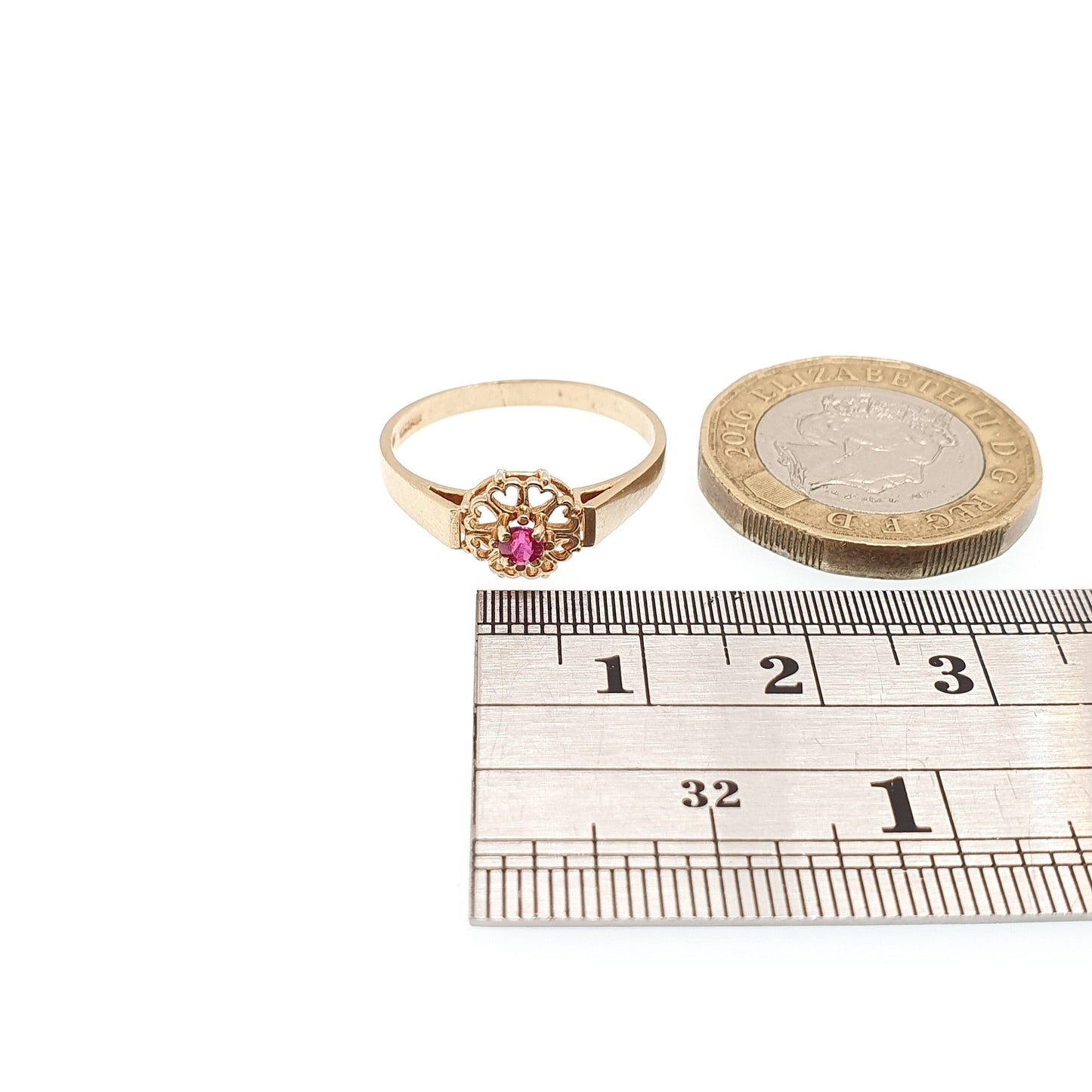 Vintage 9k 9ct Gold Ruby Ring Heart Bezel Hallmarked Solid 375 Fine Estate Red Gemstone Real Genuine Womens Fine Sparkly Jewellery Jewelry