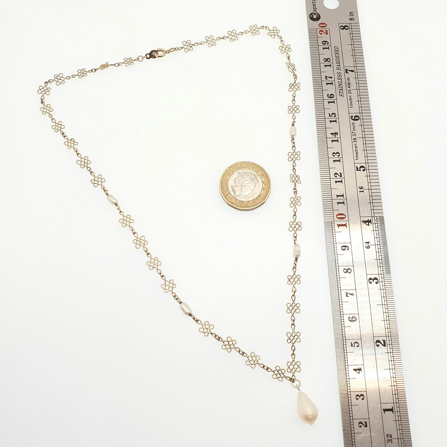 Antique Sterling Silver Freshwater Pearl Necklace Gold Vermeil Arts and Crafts Filigree Knot Scandinavian Y Pendant Womens Jewelry Jewellery