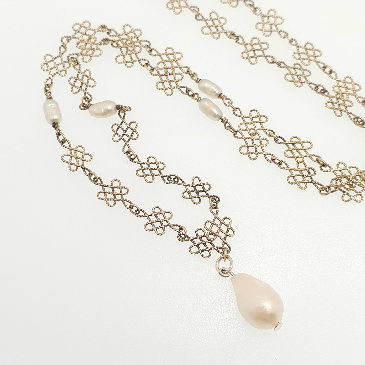 Antique Sterling Silver Freshwater Pearl Necklace Gold Vermeil Arts and Crafts Filigree Knot Scandinavian Y Pendant Womens Jewelry Jewellery
