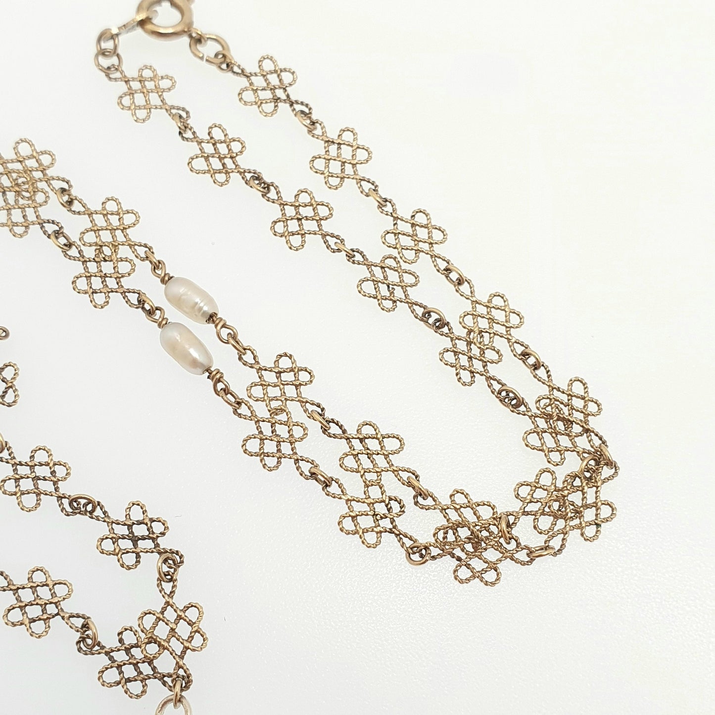 Antique Sterling Silver Freshwater Pearl Necklace Gold Vermeil Arts and Crafts Filigree Knot Scandinavian Y Pendant Womens Jewelry Jewellery