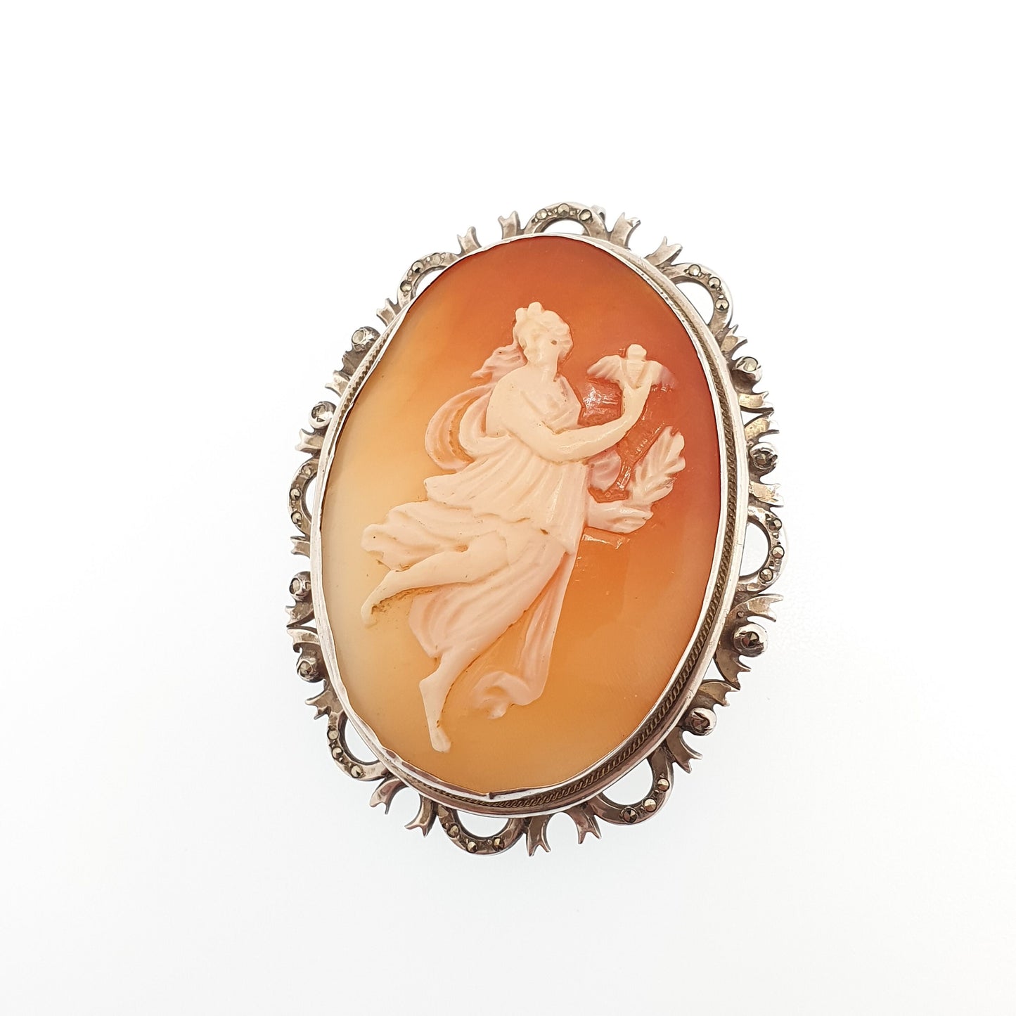 Antique Solid Silver Cameo Brooch Pendant Grace Goddess Holding Bird Necklace Aphrodite Large Big Art Deco Shell Vintage Jewelry Jewellery