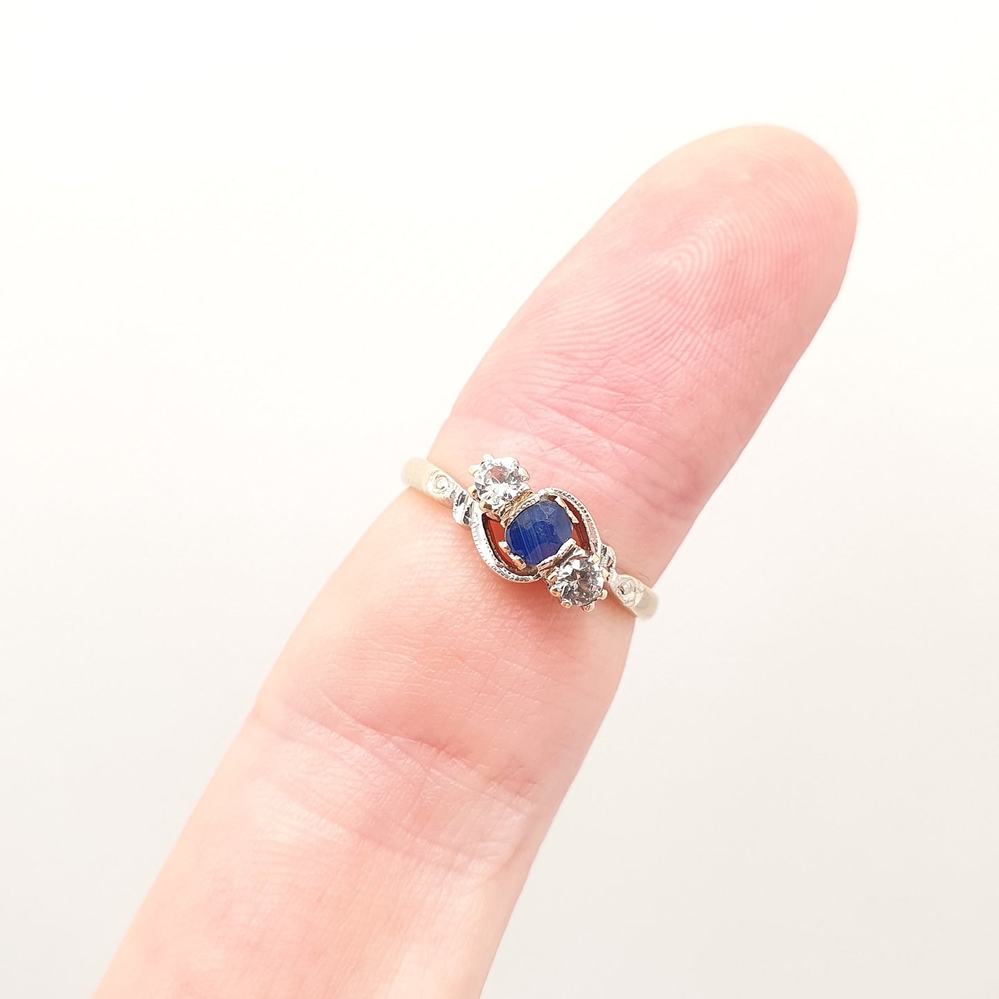 Vintage Sapphire 9ct Gold Ring White Spinel Solid 9k 375 Trilogy Three 1966 Hallmark Large Gemstones Fine Estate Womens Jewelry Jewellery