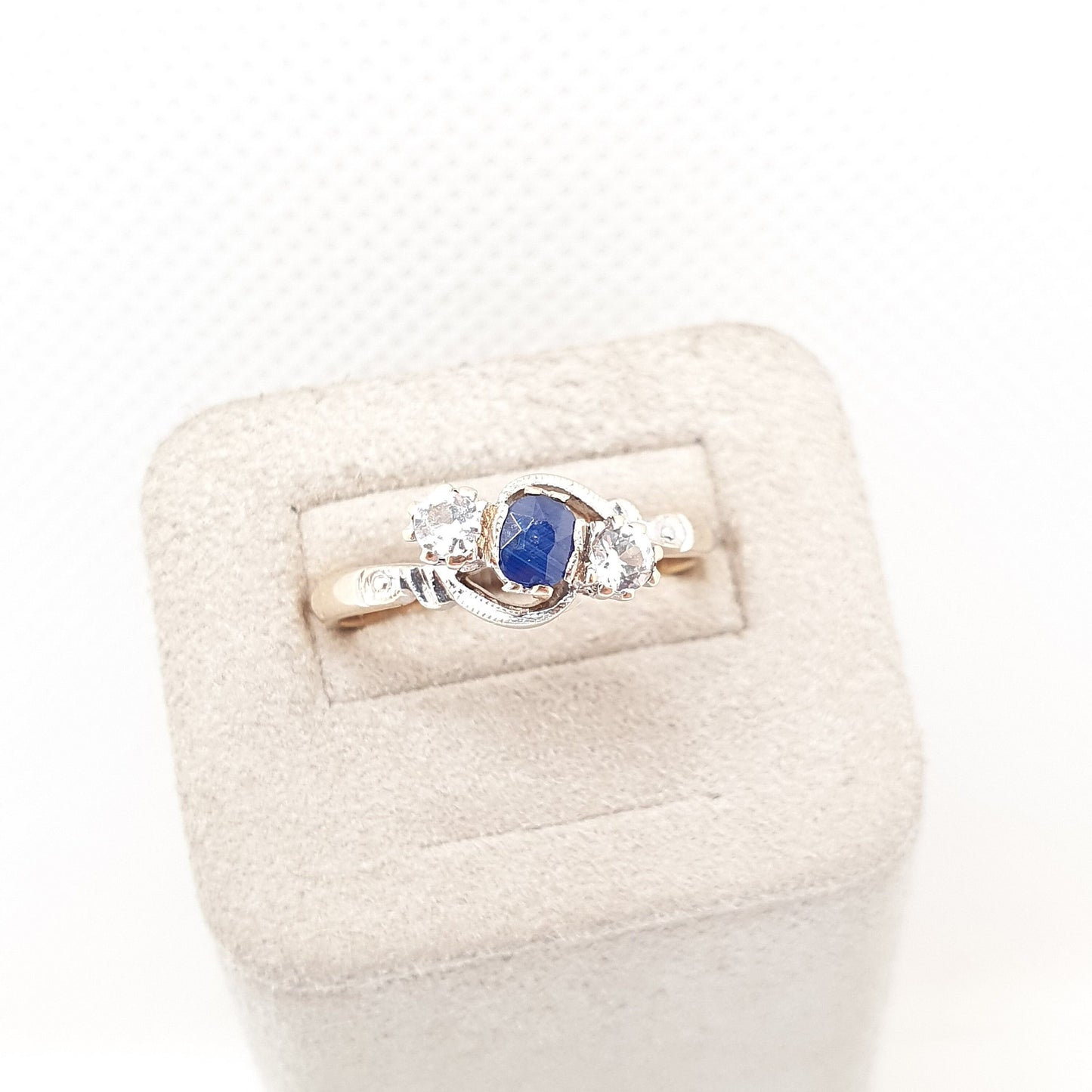 Vintage Sapphire 9ct Gold Ring White Spinel Solid 9k 375 Trilogy Three 1966 Hallmark Large Gemstones Fine Estate Womens Jewelry Jewellery