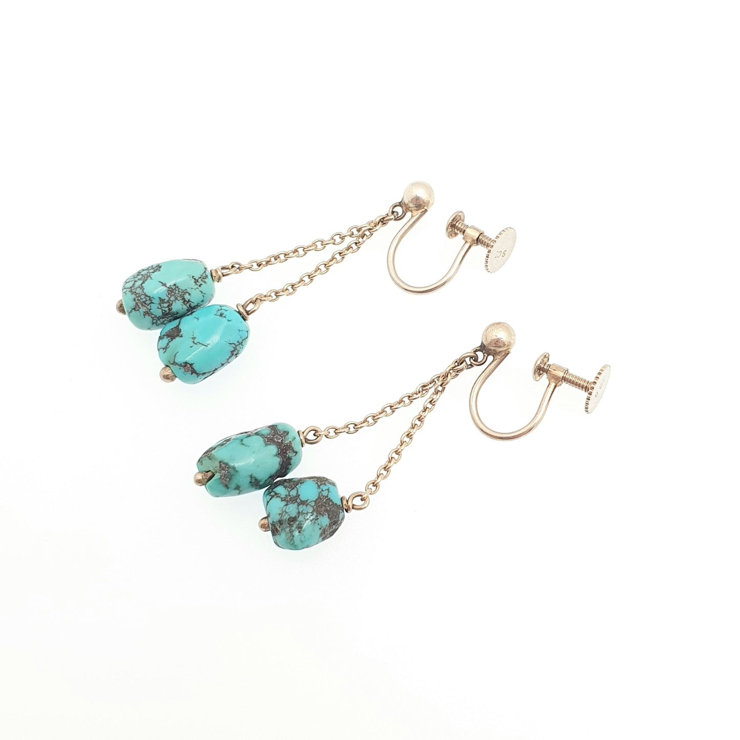 Antique 9ct Gold Natural Turquoise Earrings Matrix Pendulum Solid 9k 375 White Gold Dangle Pebble Art Deco Vintage Jewelry Womens Jewellery