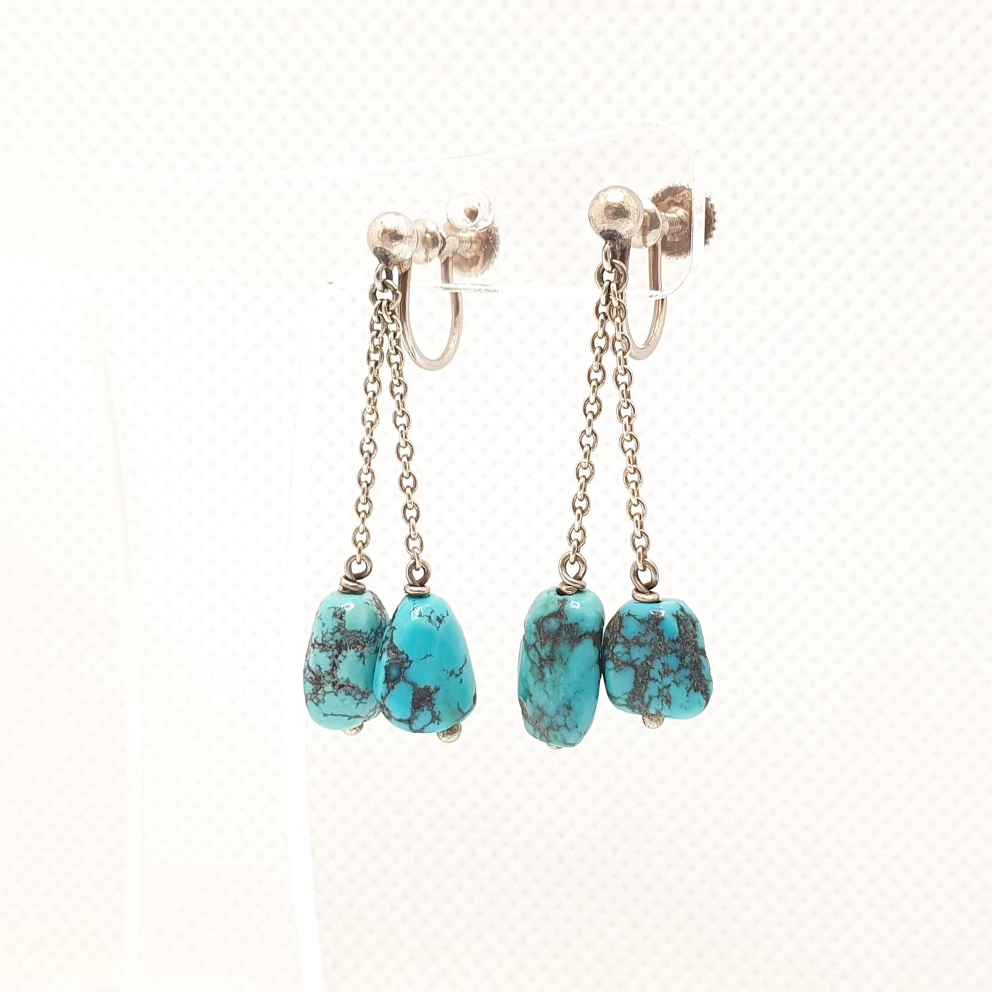 Antique 9ct Gold Natural Turquoise Earrings Matrix Pendulum Solid 9k 375 White Gold Dangle Pebble Art Deco Vintage Jewelry Womens Jewellery