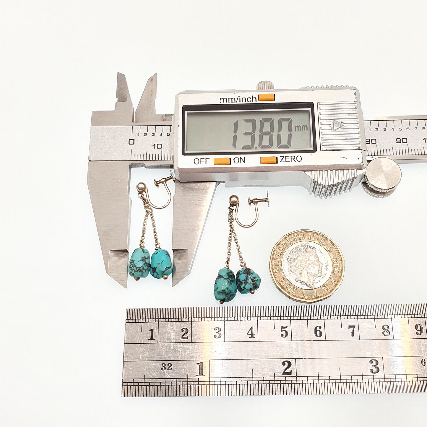 Antique 9ct Gold Natural Turquoise Earrings Matrix Pendulum Solid 9k 375 White Gold Dangle Pebble Art Deco Vintage Jewelry Womens Jewellery