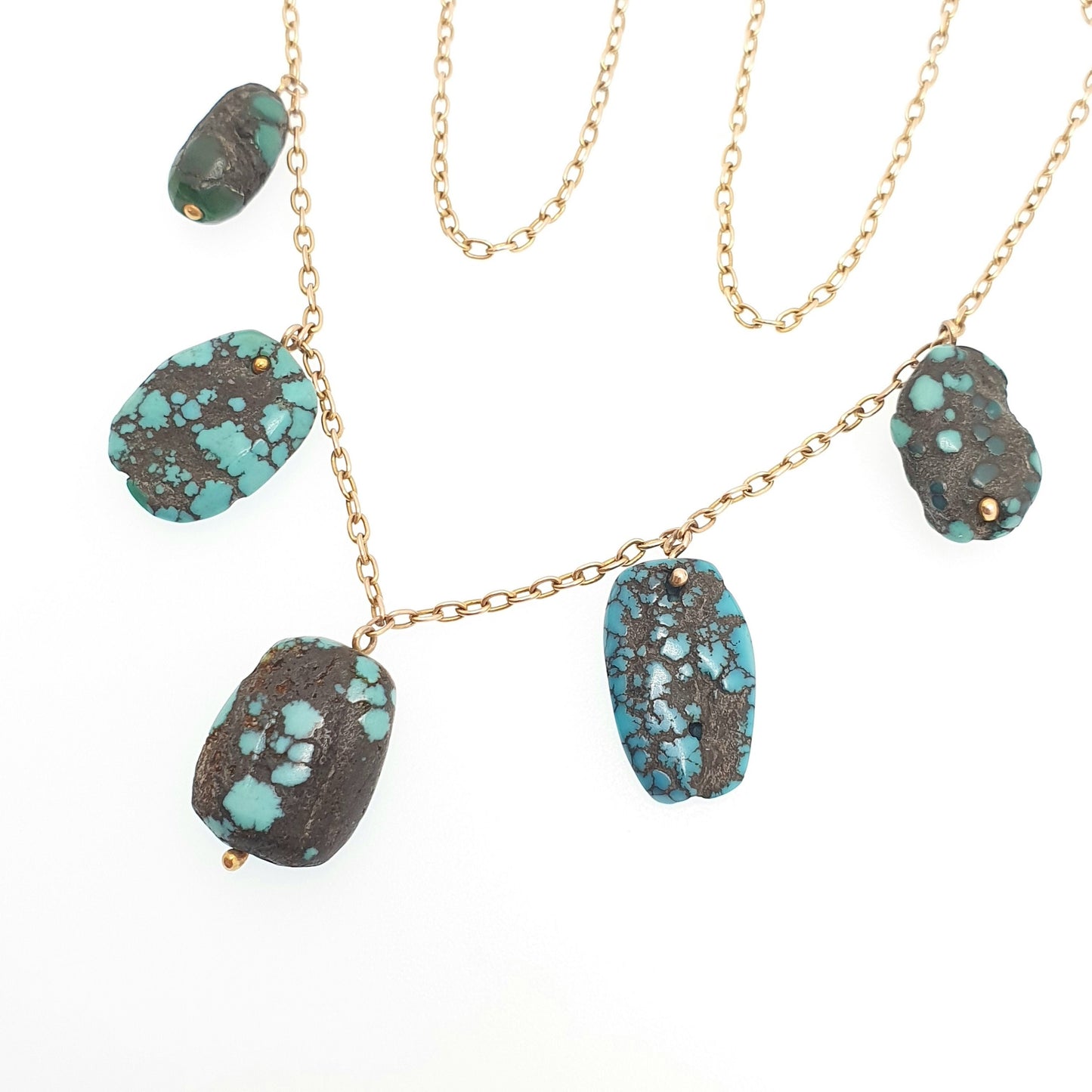 Antique Victorian 9ct Gold Turquoise Necklace Solid 9k 375 Pendant Tumbled Matrix Cable Link Natural Estate Fine Vintage Jewelry Jewellery
