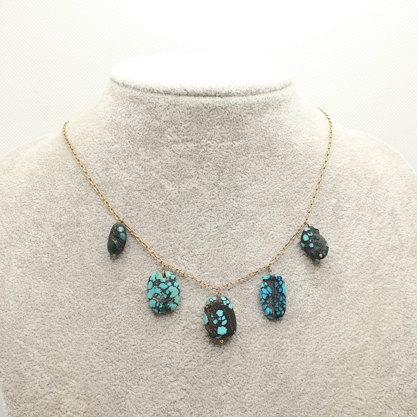 Antique Victorian 9ct Gold Turquoise Necklace Solid 9k 375 Pendant Tumbled Matrix Cable Link Natural Estate Fine Vintage Jewelry Jewellery