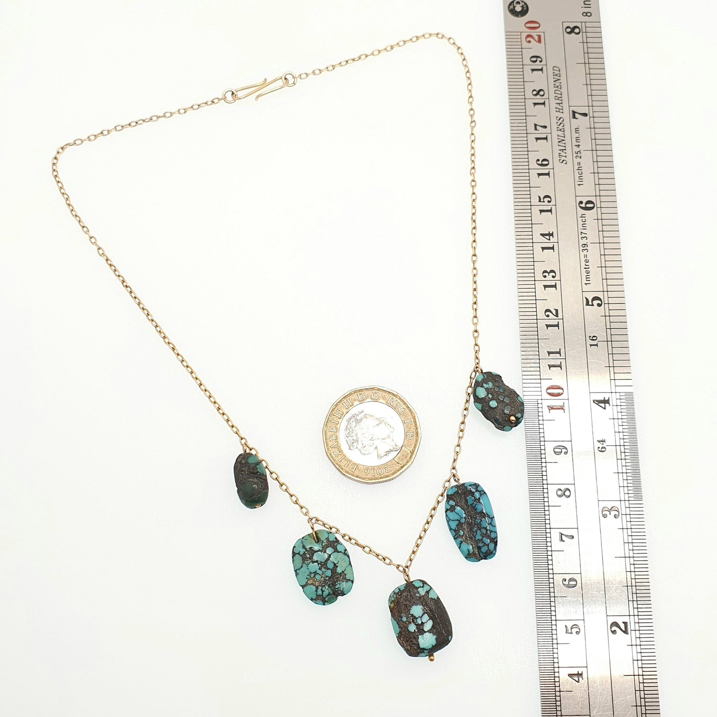 Antique Victorian 9ct Gold Turquoise Necklace Solid 9k 375 Pendant Tumbled Matrix Cable Link Natural Estate Fine Vintage Jewelry Jewellery