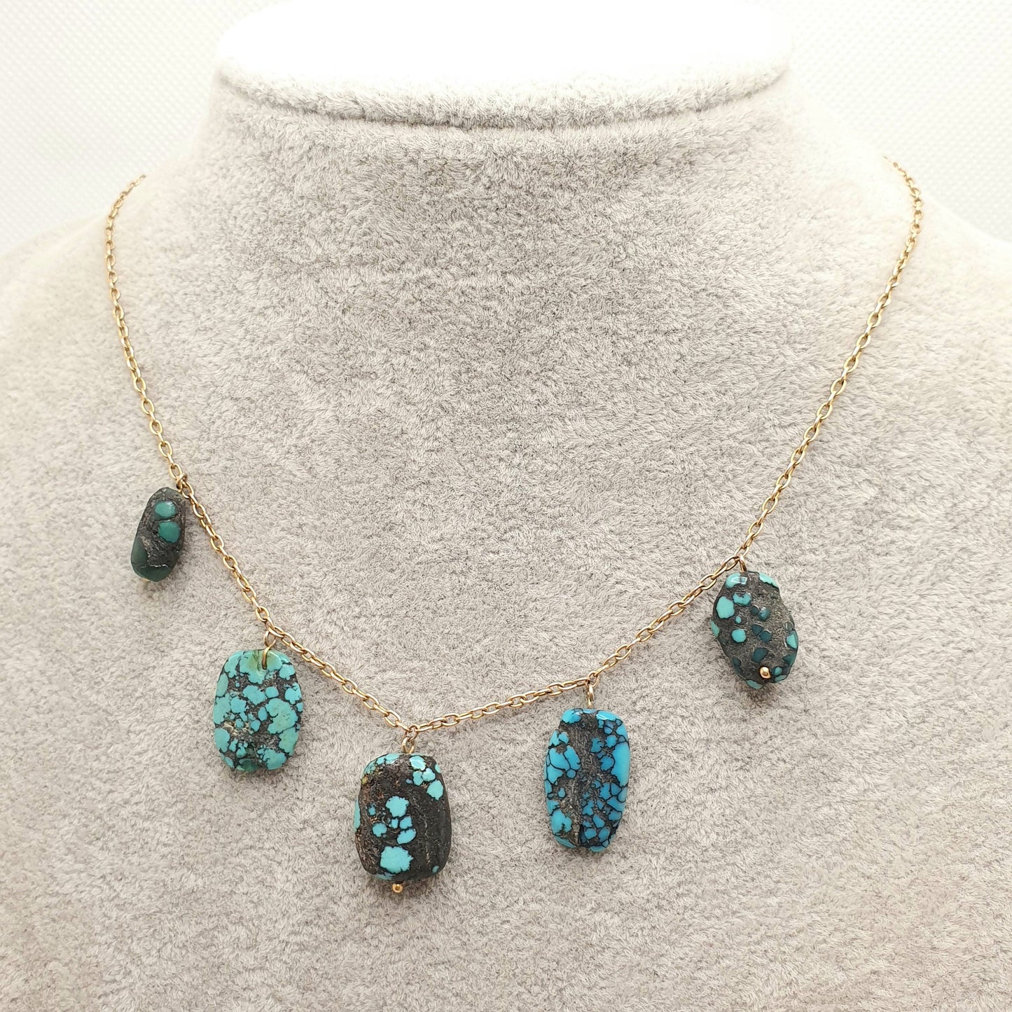Antique Victorian 9ct Gold Turquoise Necklace Solid 9k 375 Pendant Tumbled Matrix Cable Link Natural Estate Fine Vintage Jewelry Jewellery