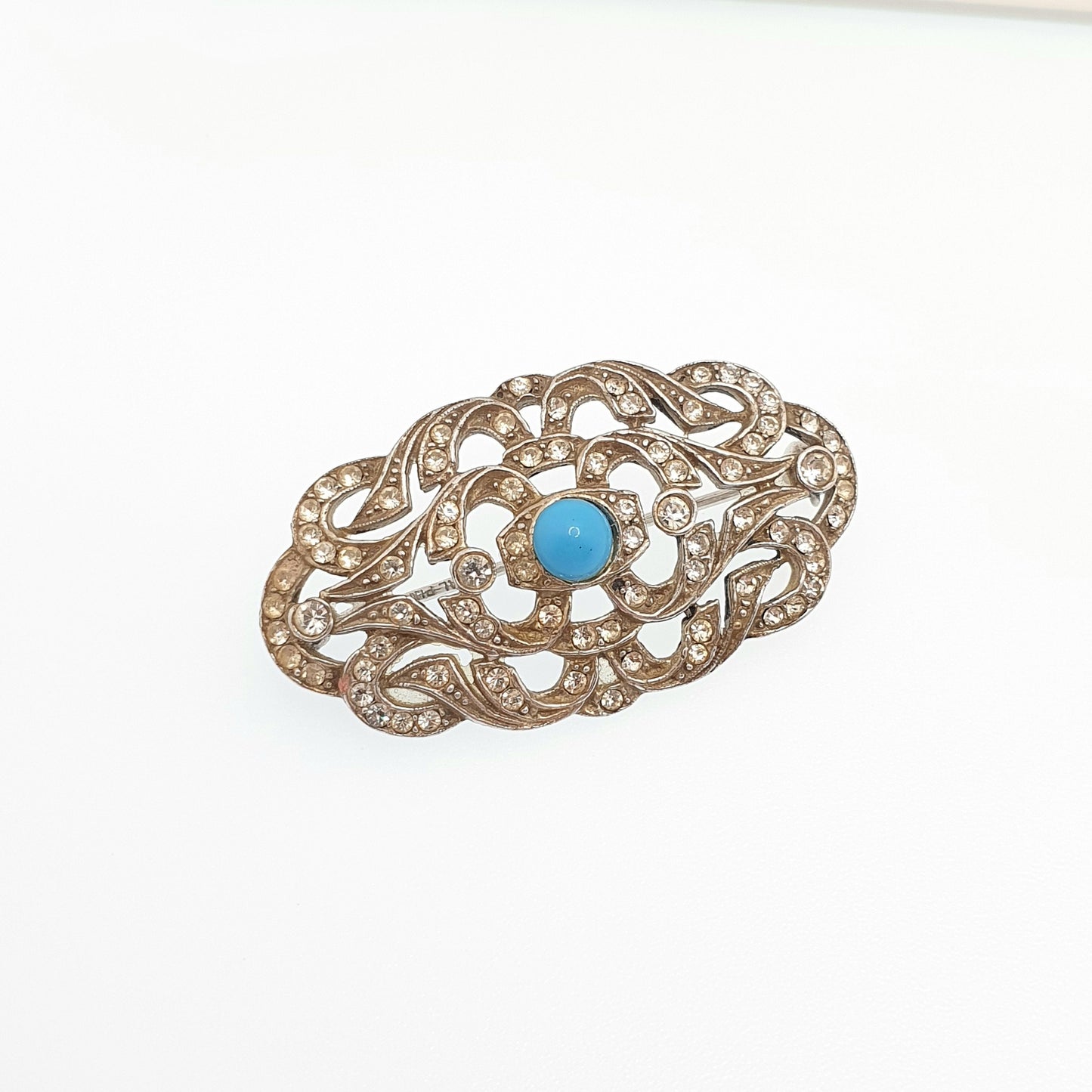 Antique Solid Silver Diamond Paste Brooch Turquoise Glass Centre Art Deco Pin Forget Me Not Turquoise Vintage Fine Sparkly Womens Jewelry