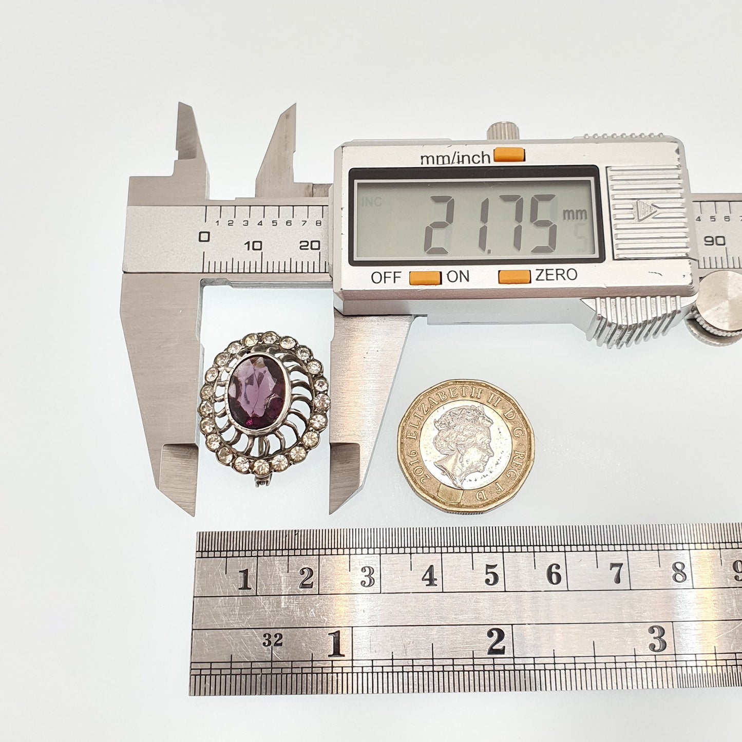 Antique Victorian Solid Silver Paste Brooch Amethyst & Diamond Tone Cluster Oval Cut 1800s Genuine Vintage Fine Womens Jewelry Jewellery