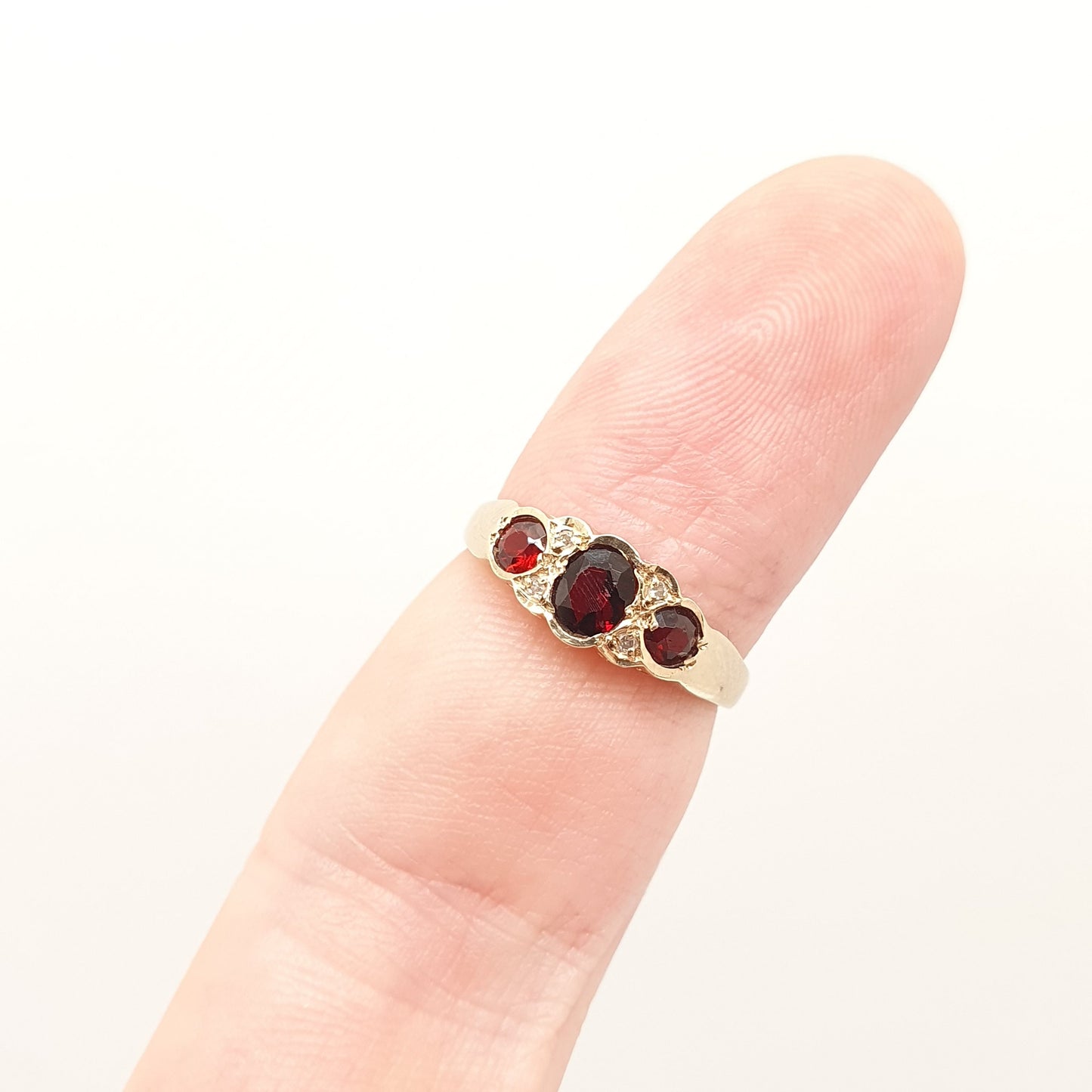 Vintage 9ct Gold Garnet Diamond Ring Solid 9k 375 Gypsy 1989 Hallmarked Crimson Red Pyrope Fine Gemstone Womens Retro Jewelry Jewellery
